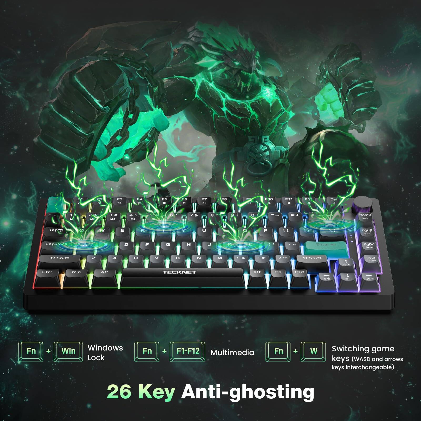 Fn + Win - Windows Lock  
Fn + F1-F12 - Multimedia  
Fn + W - Switching game keys (WASD and arrows keys interchangeable)  
26 Key Anti-ghosting