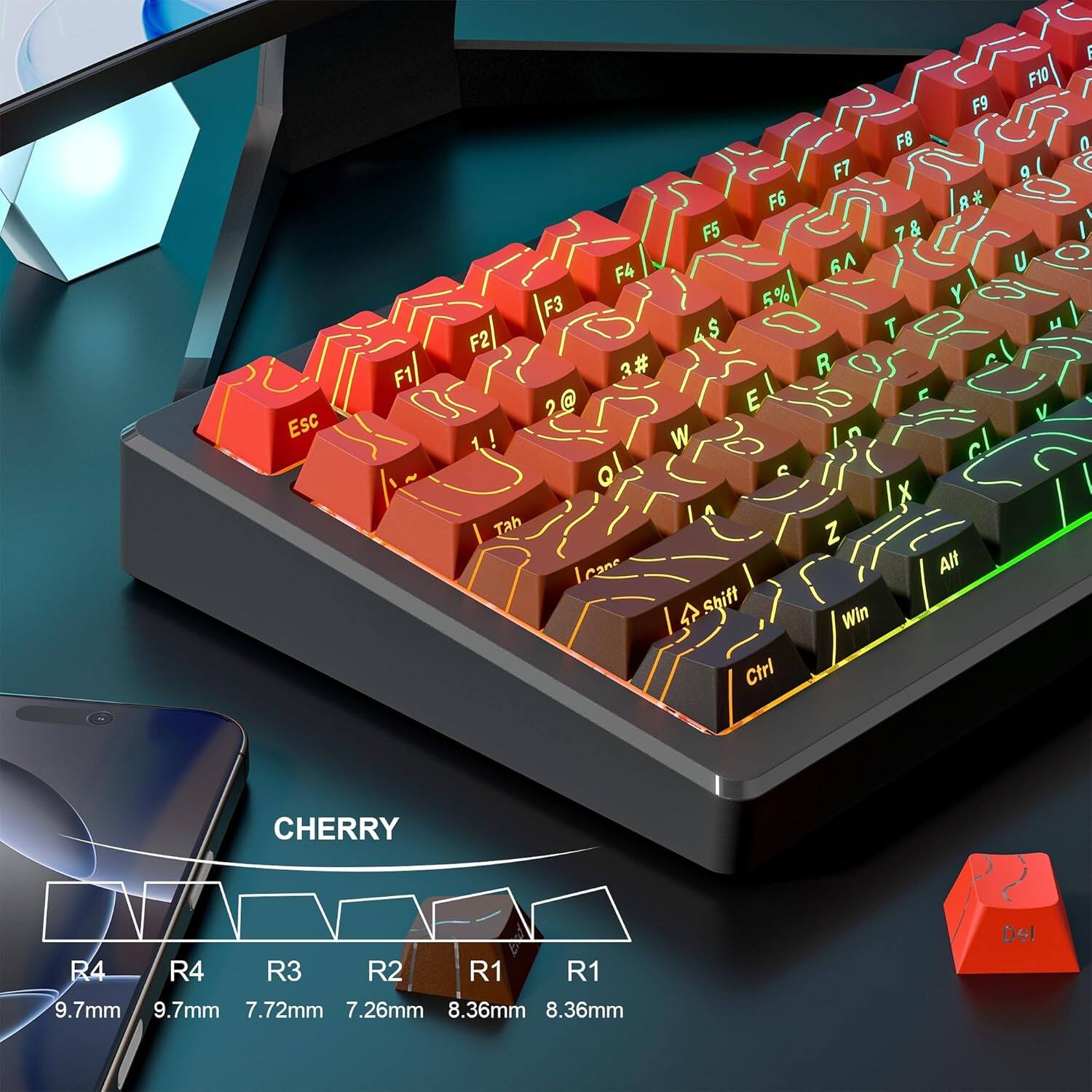 Esc F1 F6 F5 F4 F3 5% 4 $ F2 3# 2@ E 1! ! W Q  I M Tah Cane  Sbift Ctrl F9 F8 F7   7 & 6A Y T R C C c' I   Z Alt Win F10 a I U  V E 0   I CHERRY R4 R4 R3 R2 R1 R1 9.7mm 9.7mm 7.72mm 7.26mm 8.36mm 8.36mm Del