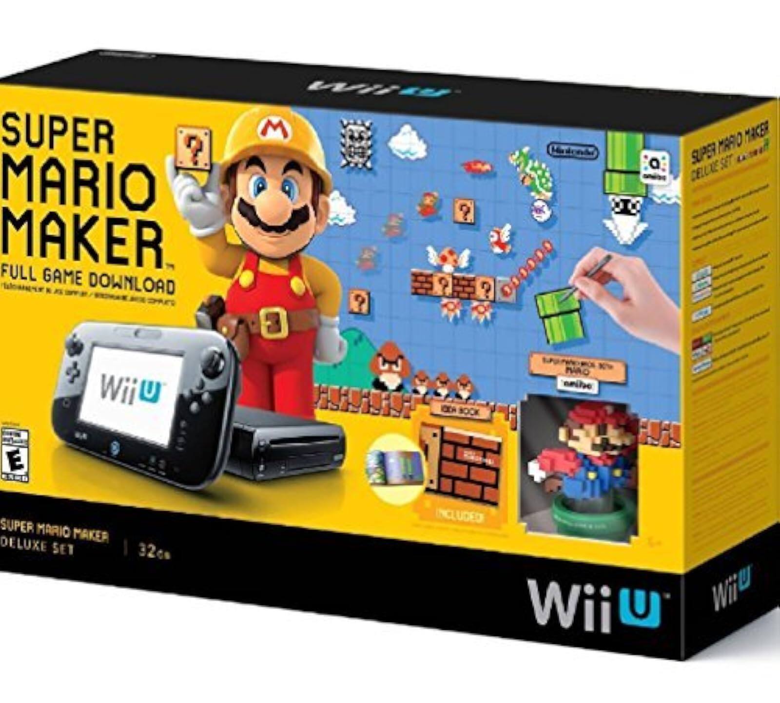 SUPER MARIO MAKER  
FULL GAME DOWNLOAD  

SUPER MARIO MAKER DELUXE SET  
32GB  

INCLUDES:  
- Wii U Deluxe Set  
- Super Mario Maker  
- Super Mario Maker Deluxe Set  

Wii U