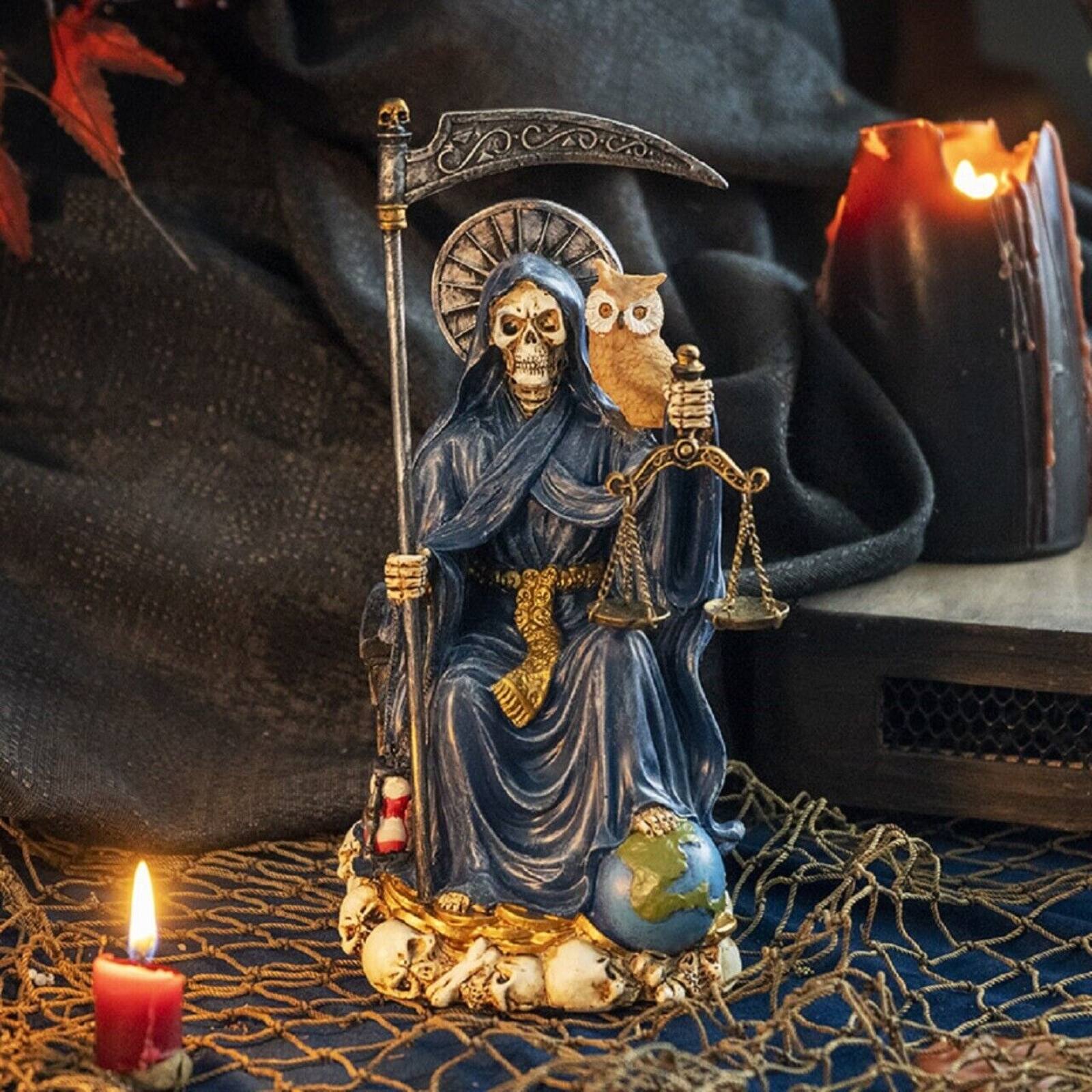 Alt View 1. Pacific Trading - Sitting Santa Muerte in Blue Gown with Owl and Scale Figurine Death 9 Inch.