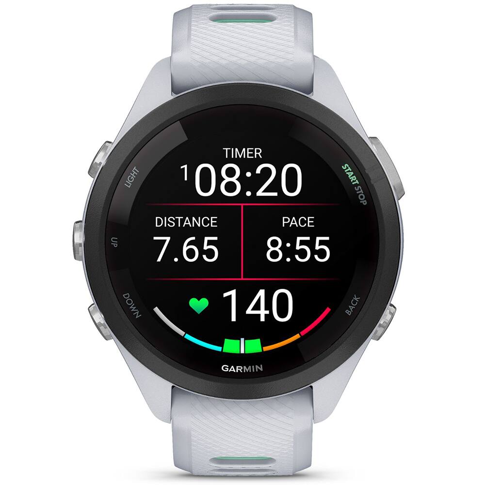 TIMER LIGHT 1 '08:20 START STOP DISTANCE 7.65 PACE 8:55 DOWN 140 BACK GARMIN