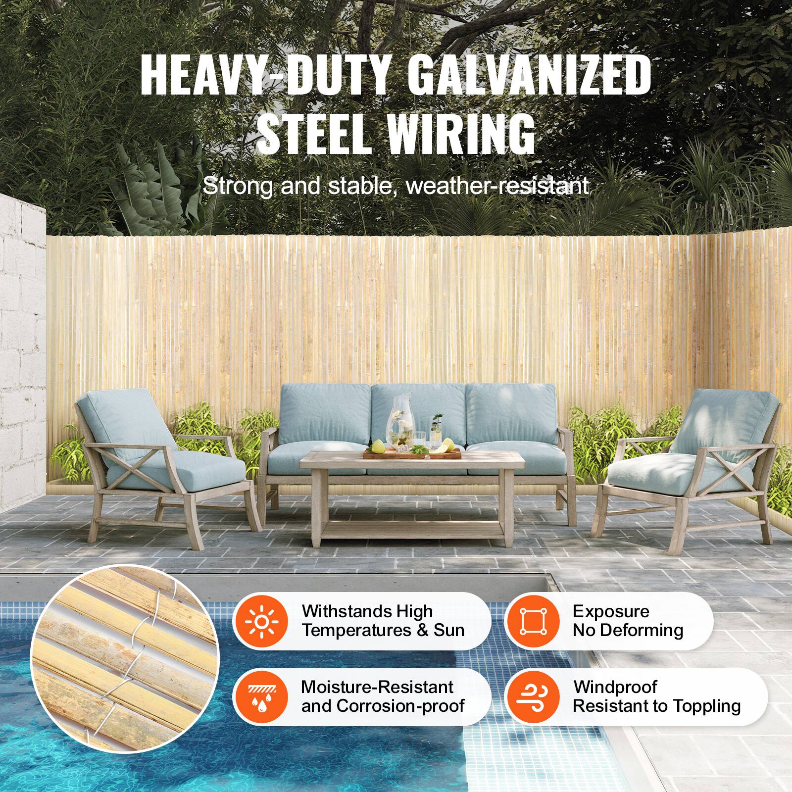 HEAVY DUTY GALVANIZED STEEL WIRING  
Strong and stable, weather-resistant  

- Withstands High Temperatures & Sun  
- Exposure No Deforming  
- Moisture-Resistant and Corrosion-proof  
- Windproof Resistant to Toppling