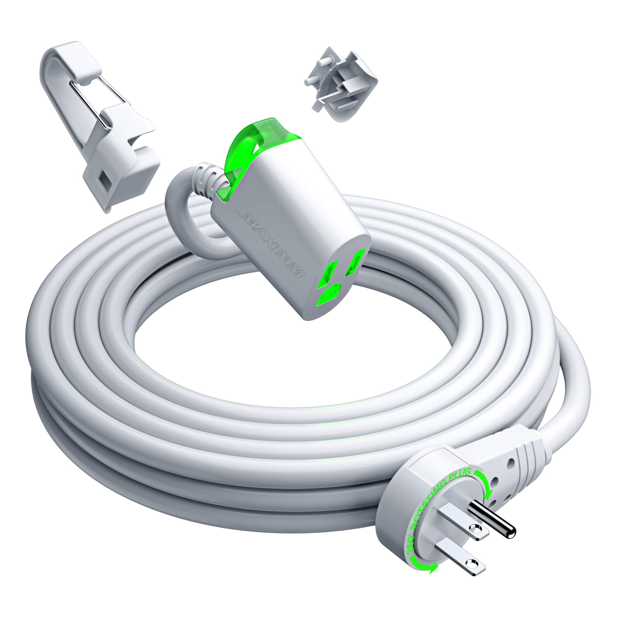 Maximm - 360° Rotating Flat Plug Extension Cord 25 ft, with LED Indicator and Removable Hook, 16 Gauge, UL Certified - White