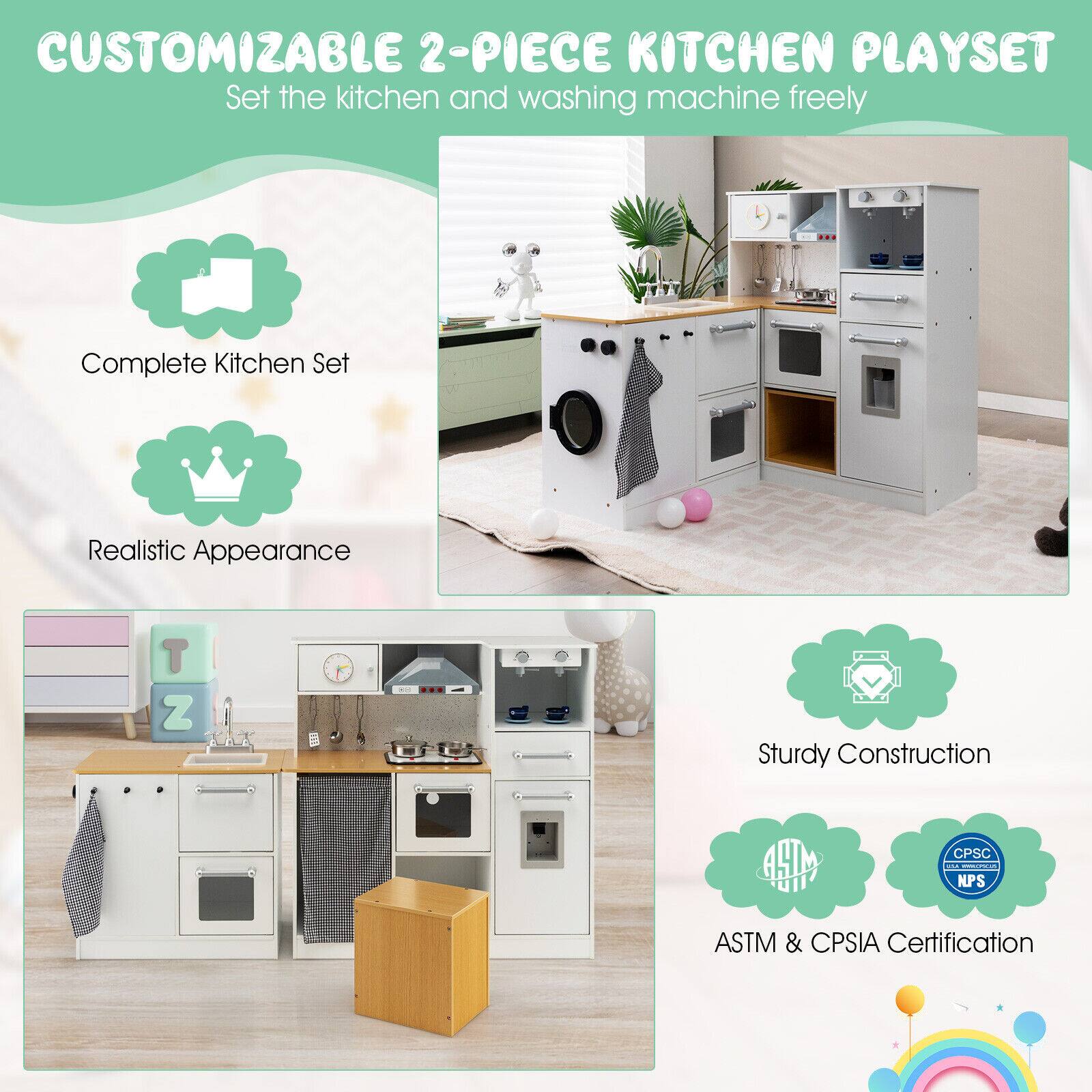CUSTOMIZABLE 2-PIECE KITCHEN PLAYSET
Set the kitchen and washing machine freely
Complete Kitchen Set
Realistic Appearance
Sturdy Construction
ASTM & CPSIA Certification