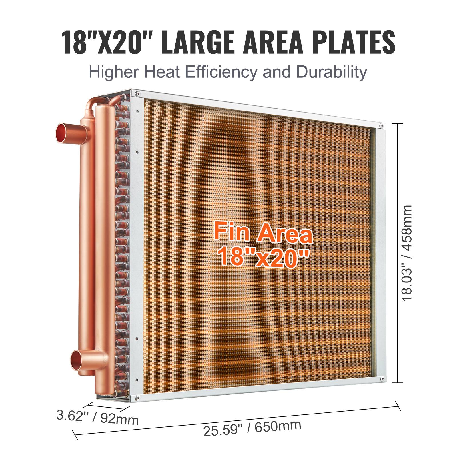 18"X20" LARGE AREA PLATES  
Higher Heat Efficiency and Durability  
Fin Area: 18"x20"  
18.03" / 458mm  
3.62" / 92mm  
25.59" / 650mm