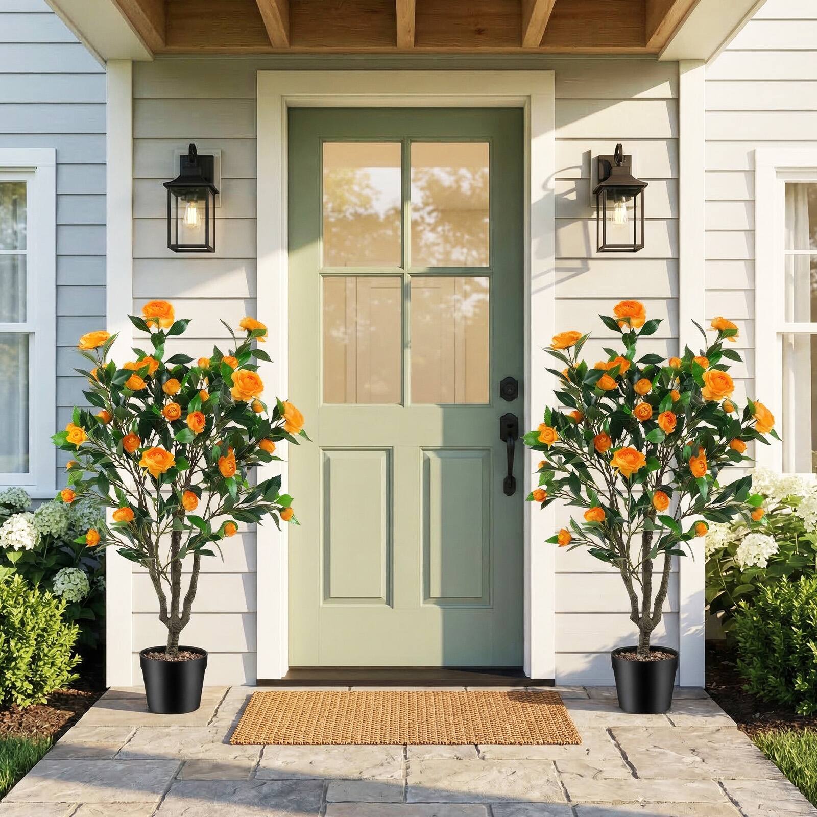 Alt View 5. Costway - Costway 40" Artificial Camellia Tree with 37 Flowers, River Stones for Living Room Front - Orange + Green + Black.