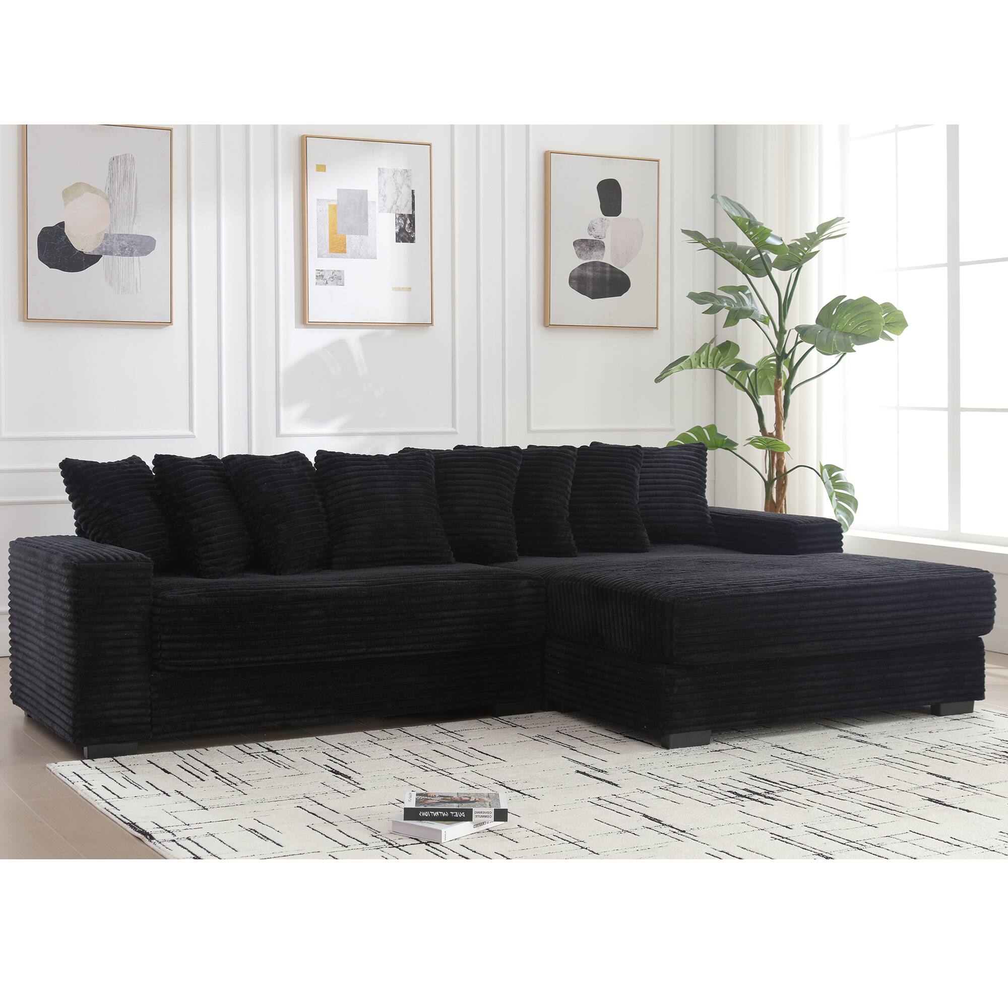 Front. Tiramisubest - Oversized Two-Piece Couches,L Shaped Sofa,Corduroy,Right Chaise Daybed with Armrests,Eight Throw Pillows,Black - Black.