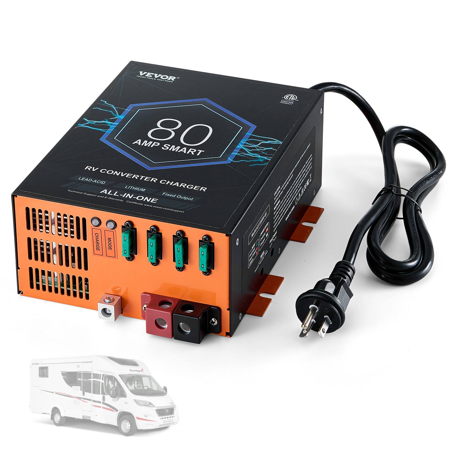 FRUST VEVOR POULA HALF FRICE AMP 80 SMART RV LEAD-ACID CONVERTER CHARGER Technical LITHIUM Support - ALL-IN-ONE Fixed Output E-Warranty Certificate - FOVER www.com/ssuppont CHARGE MODE - !