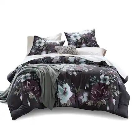 Front. Gracie Mills - Gracie Mills 3-Piece Nico Floral Printed Comforter Set - Dark Grey/Plum.