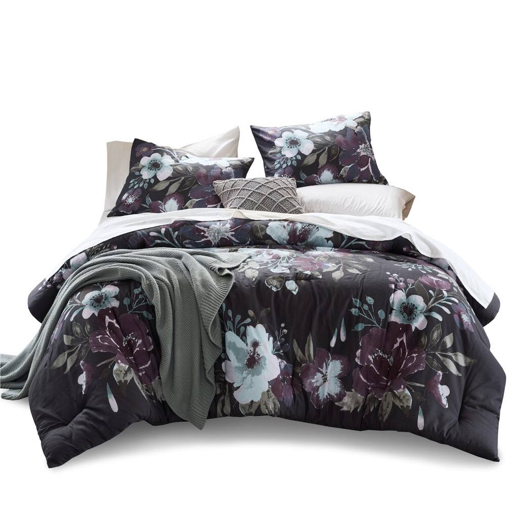 Front. Gracie Mills - Gracie Mills 3-Piece Nico Floral Printed Comforter Set - Dark Grey/Plum.