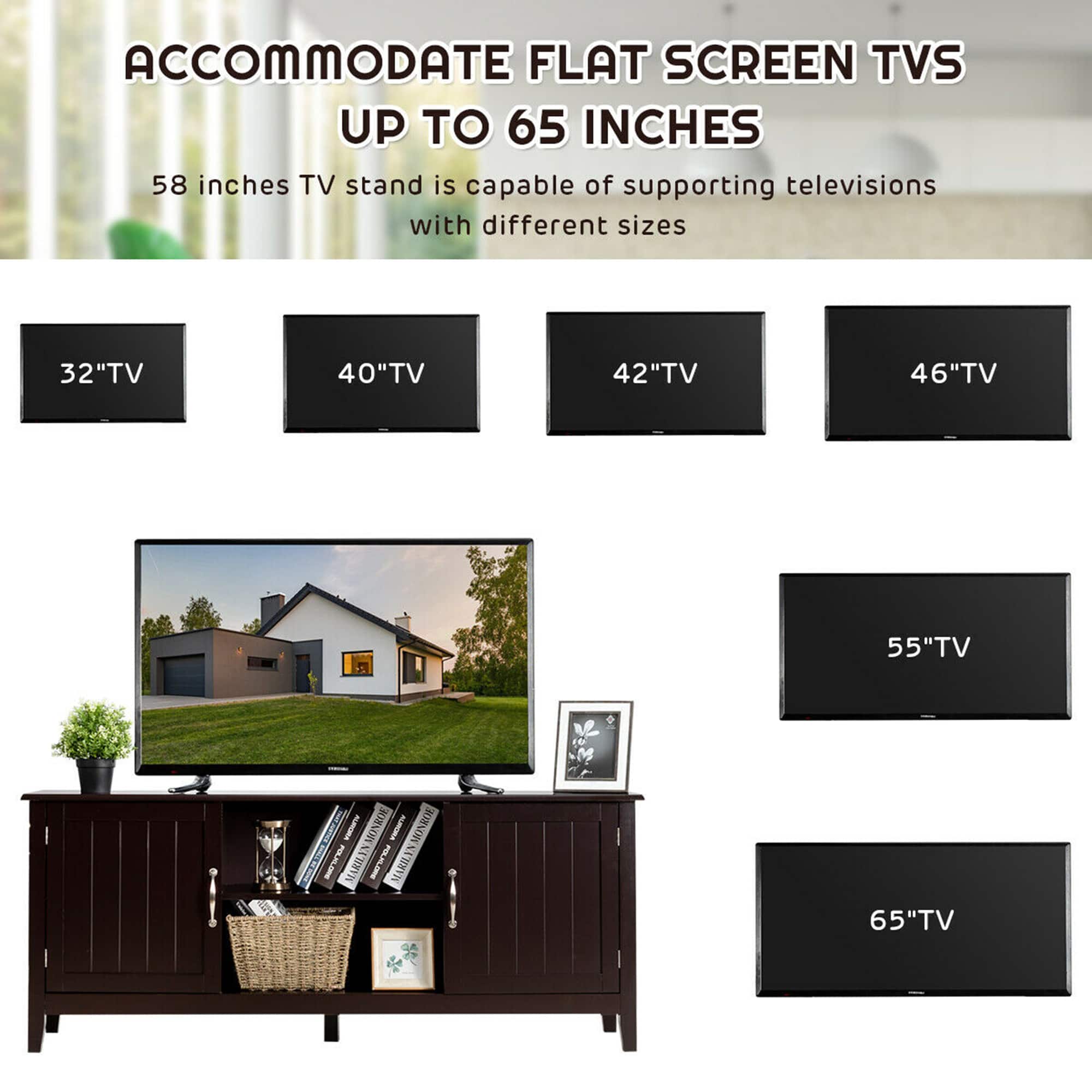 ACCOMMODATE FLAT SCREEN TVS UP TO 65 INCHES: A 58 inches TV stand is capable of supporting televisions with different sizes, including 32", 40", 42", 46", 55", and 65" TVs.