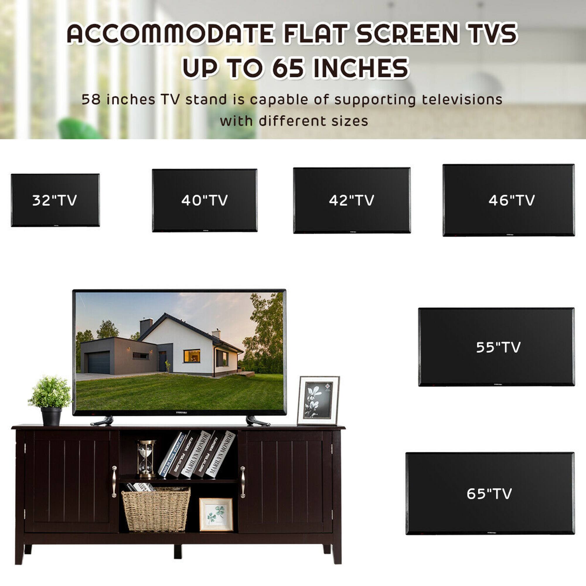 ACCOMMODATE FLAT SCREEN TVS UP TO 65 INCHES: A 58 inches TV stand is capable of supporting televisions with different sizes, including 32", 40", 42", 46", 55", and 65" TVs.