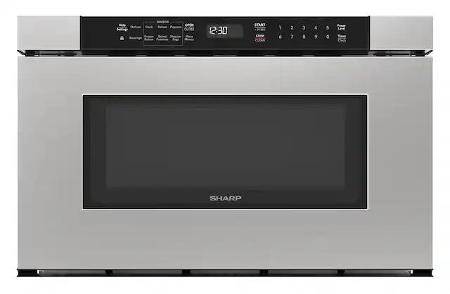 - SENSOR
- Help
- Settings
- Open
- Close
- Defrost
- Cook
- Reheat
- Popcorn
- Frozen
- Baked
- Steamer
- More
- Beverage
- Entree
- Potatoes
- Bags
- Menus
- 12:30
- START
- +30 SEC
- STOP
- CLEAR
- 1 2 3 4 5 6 7 8 9 0
- Power Level
- Timer
- Clock
- SHARP