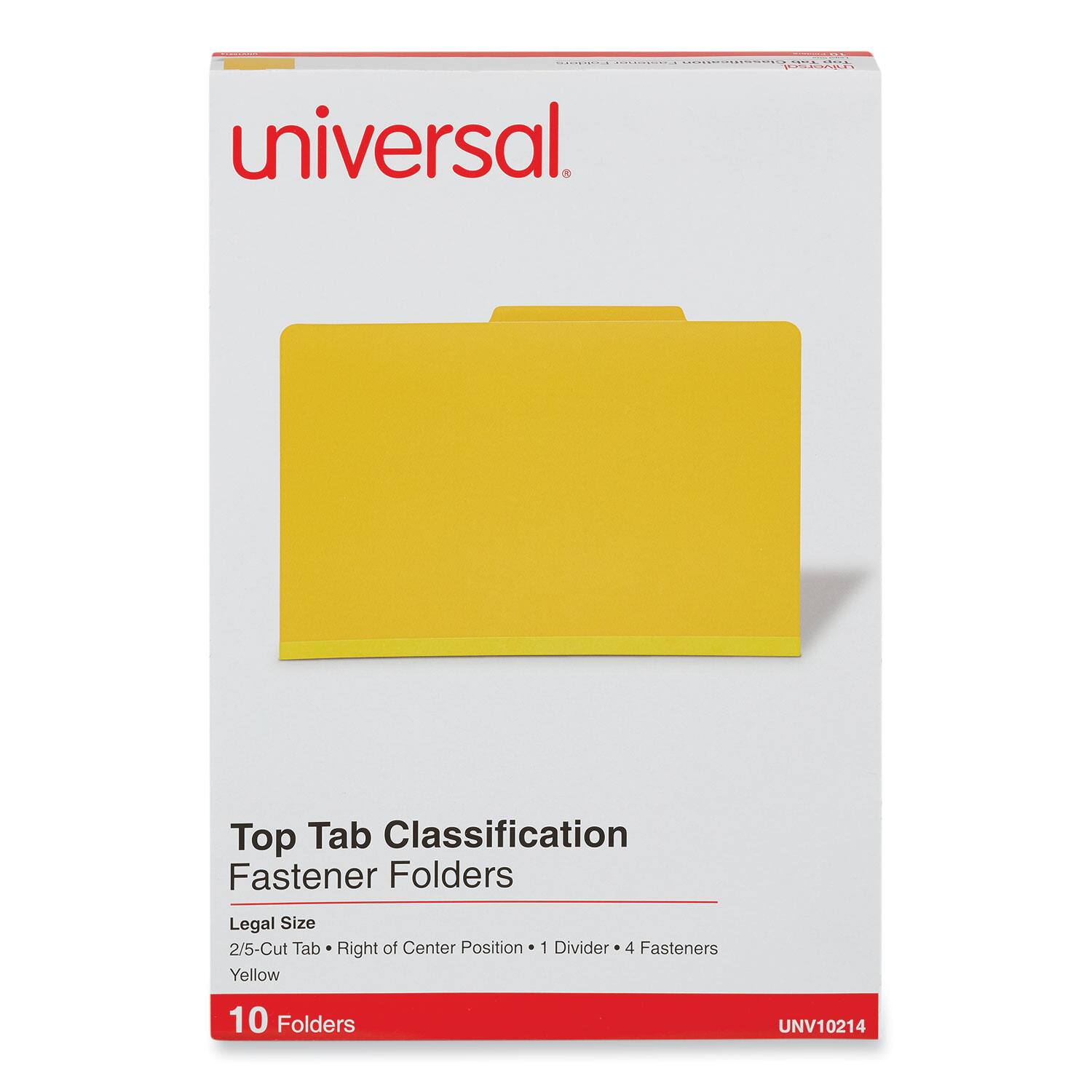 Universal  
Top Tab Classification Fastener Folders  
Legal Size  
2/5-Cut Tab • Right of Center Position • 1 Divider • 4 Fasteners  
Yellow  
10 Folders  
UNV10214