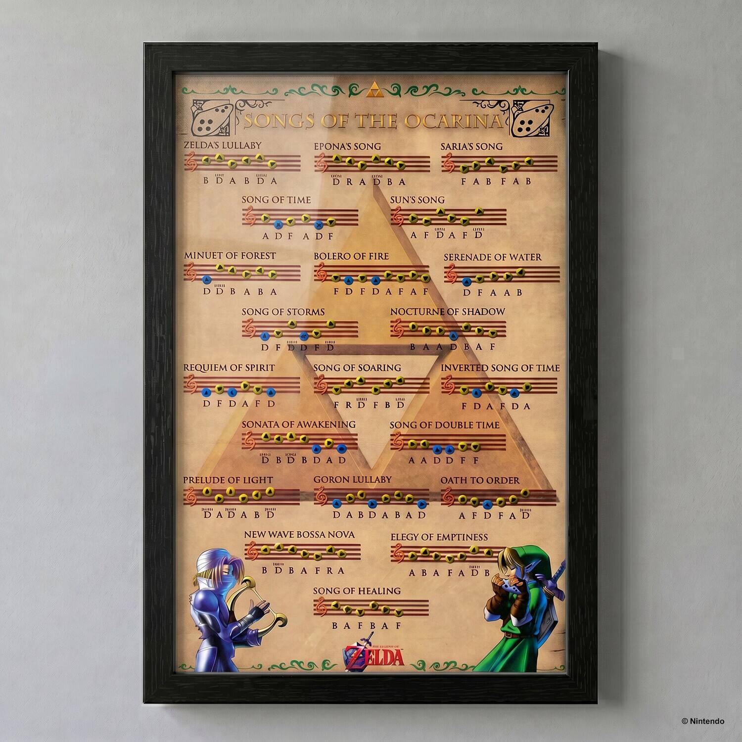 SONGS OF THE OCARINA

- ZELDA'S LULLABY
  B D A B D A

- Epona's Song
  D R A D B A

- Saria's Song
  F A B F A B

- SONG OF TIME
  A D F A D F

- SUN'S SONG
  A D F A D F

- MINUET OF FOREST
  D D B A B A

- BOLERO OF FIRE
  F D D A F A

- SERENADE OF WATER
  D F A A B

- SONG OF STORMS
  D F D F D

- NOCTURNE OF SHADOW
  B A A D B A F

- REQUIEM OF SPIRIT
  D F D F D

- SONG OF SOARING
  D F D A F D

- INVERTED SONG OF TIME
  F R D F D

- SONATA OF AWAKENING
  B B B D A D

- SONG OF DOUBLE TIME
  A A D F F

- PRELUDE OF LIGHT
  D A D A B D

- G