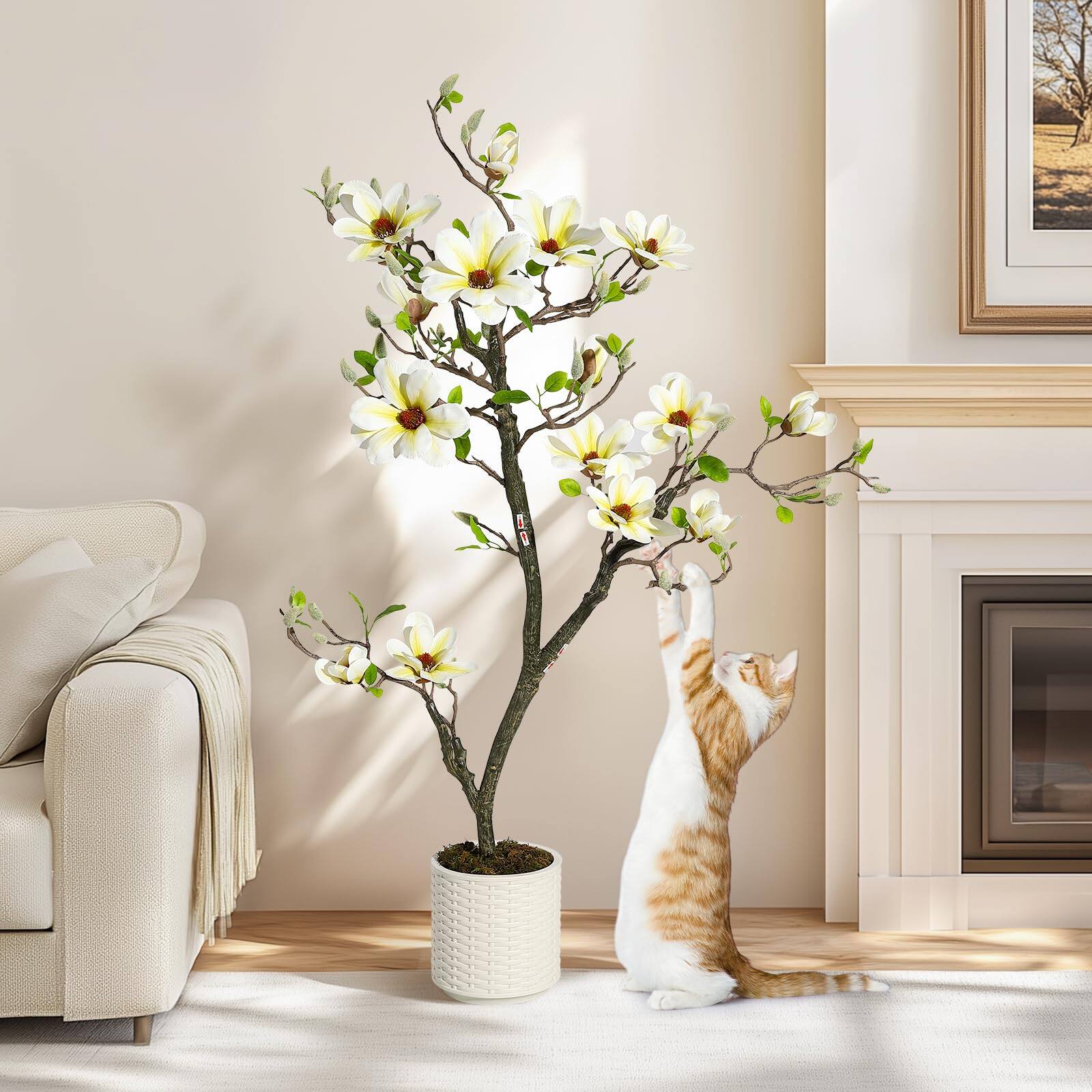 Left. Homhougo - 4FT Artificial Magnolia Tree with Realistic White Flowers & Lush Green Leaves - Green.