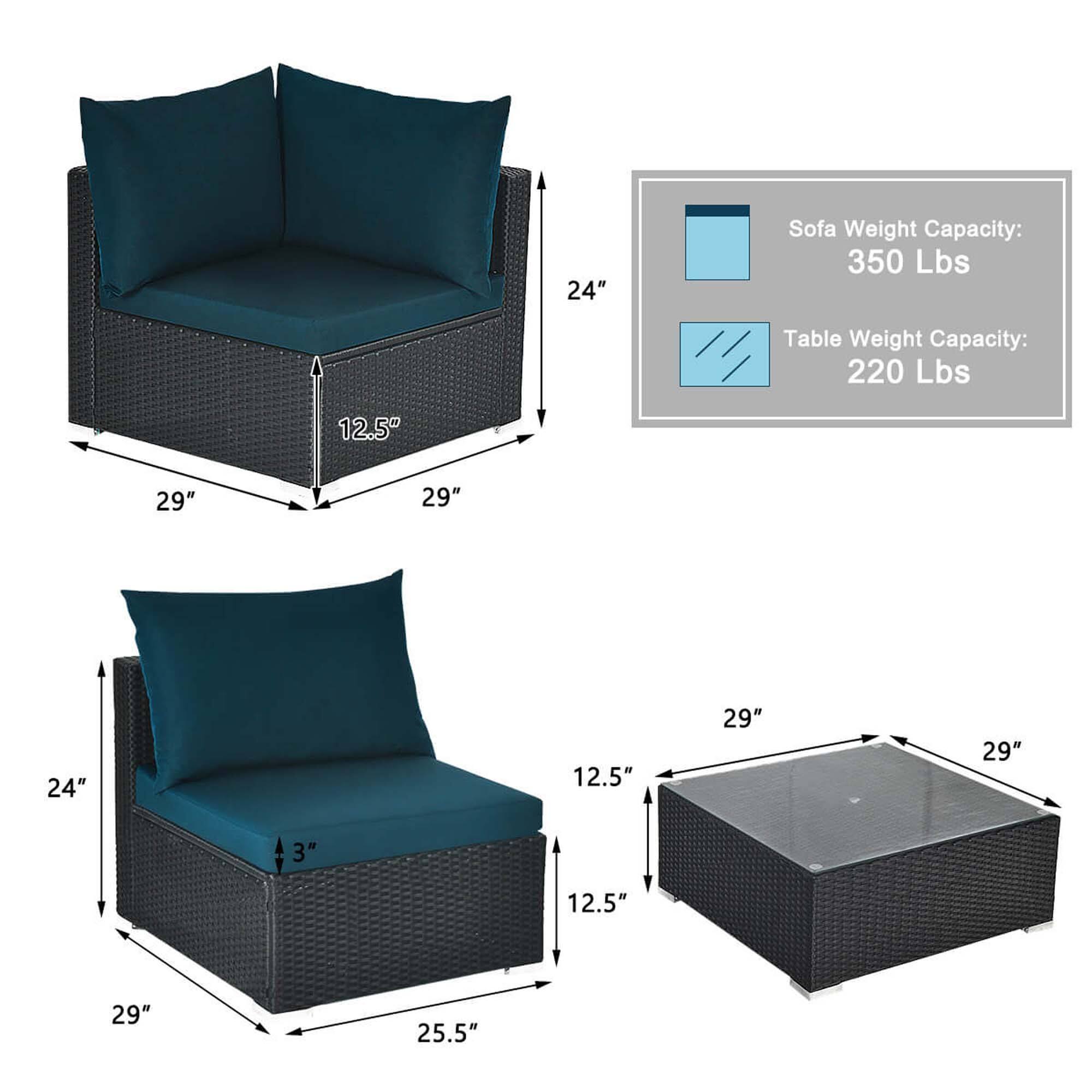 The text on the image states that the sofa has a weight capacity of 350 lbs and a table weight capacity of 220 lbs. The dimensions of the sofa are 24" in height, and the table dimensions are 29" in width and 29" in length. The image also includes a 3" square table, which has a weight capacity of 220 lbs.