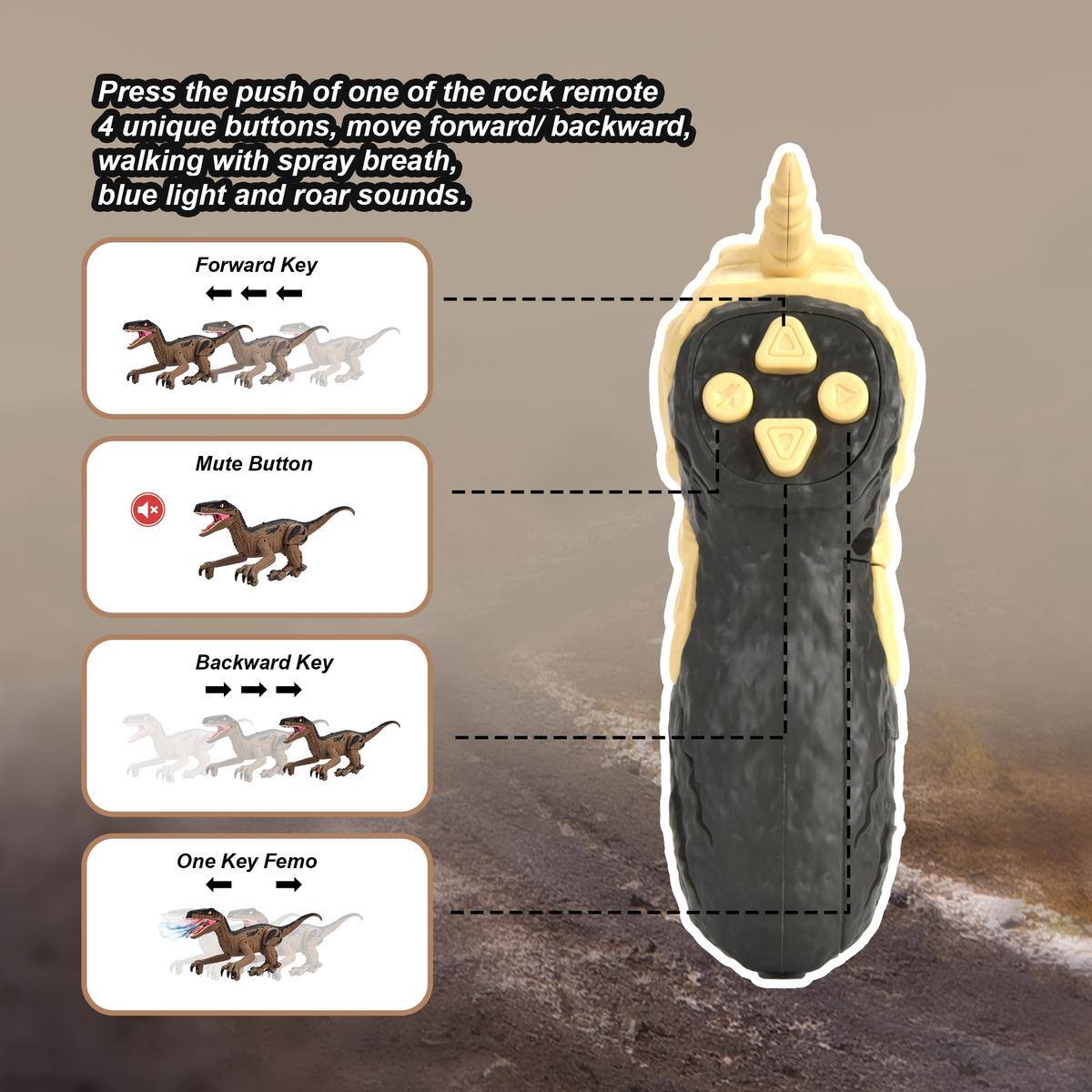 Press the push of one of the rock remote 4 unique buttons, move forward/ backward, walking with spray breath, blue light and roar sounds.

Forward Key

Mute Button

Backward Key

One Key Femo