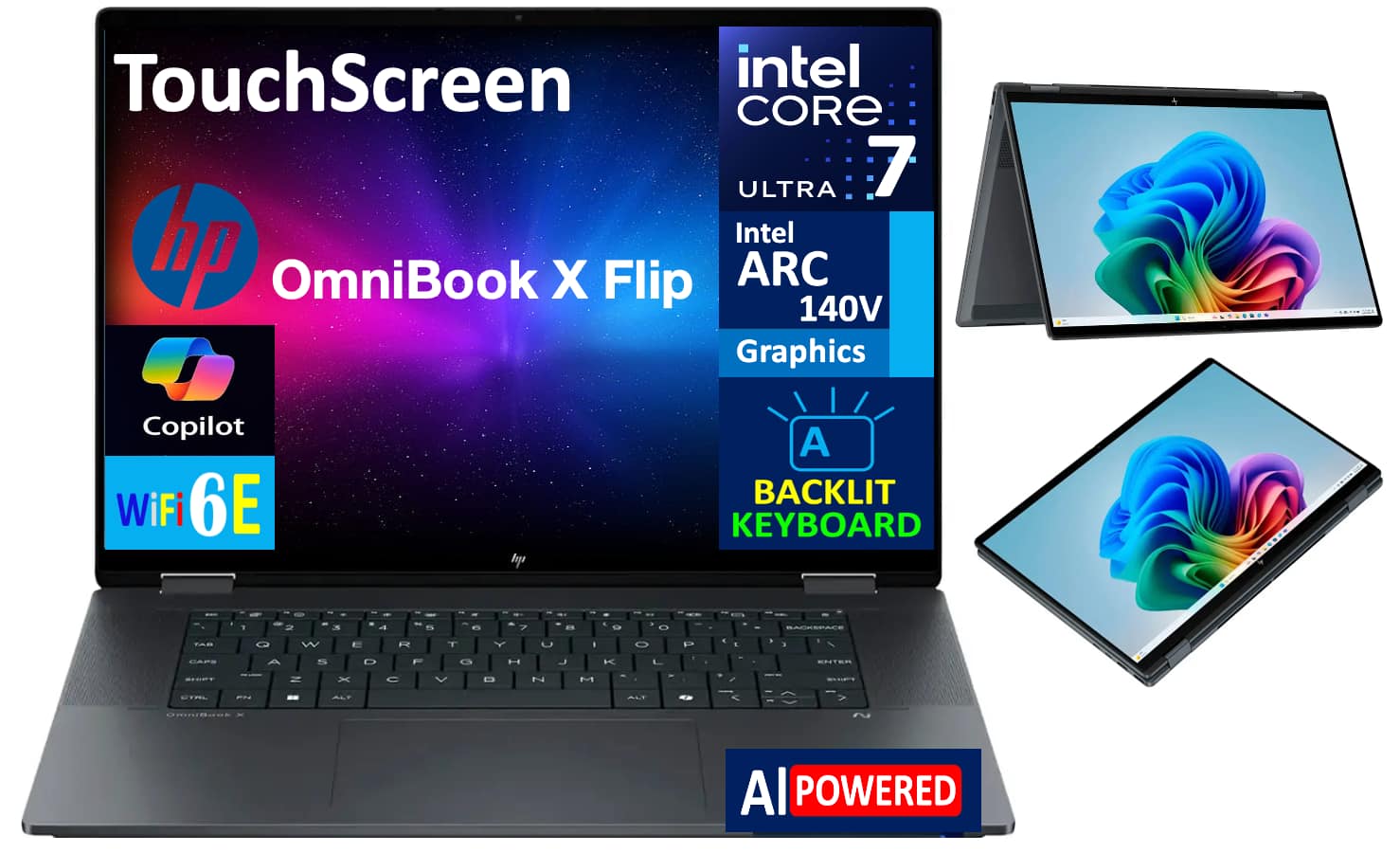 HP - OmniBook X Flip 2-in-1 2-in-1 Laptop 16.0 WUXGA Display (Intel Ultra 7-256V, 16GB LPDDR5X, Win 11 Pro) - Eclipse Gray