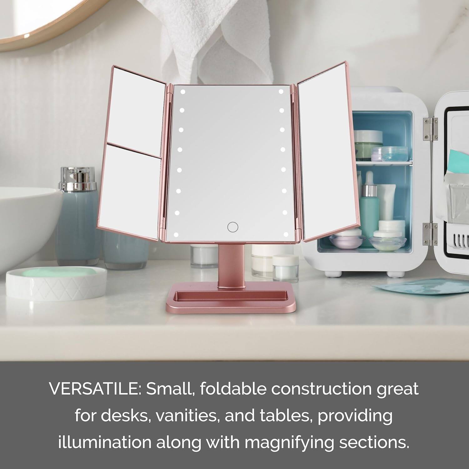 VERSATILE: Small, foldable construction great for desks, vanities, and tables, providing illumination along with magnifying sections.