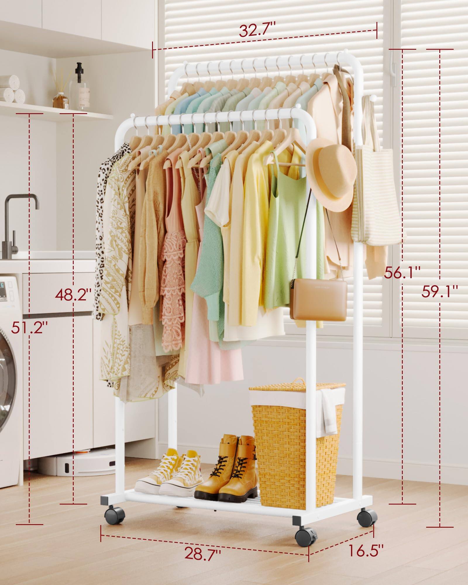 Refined Abode Design Clothes Rack Double Rods Clothing With Mesh Shelf ...