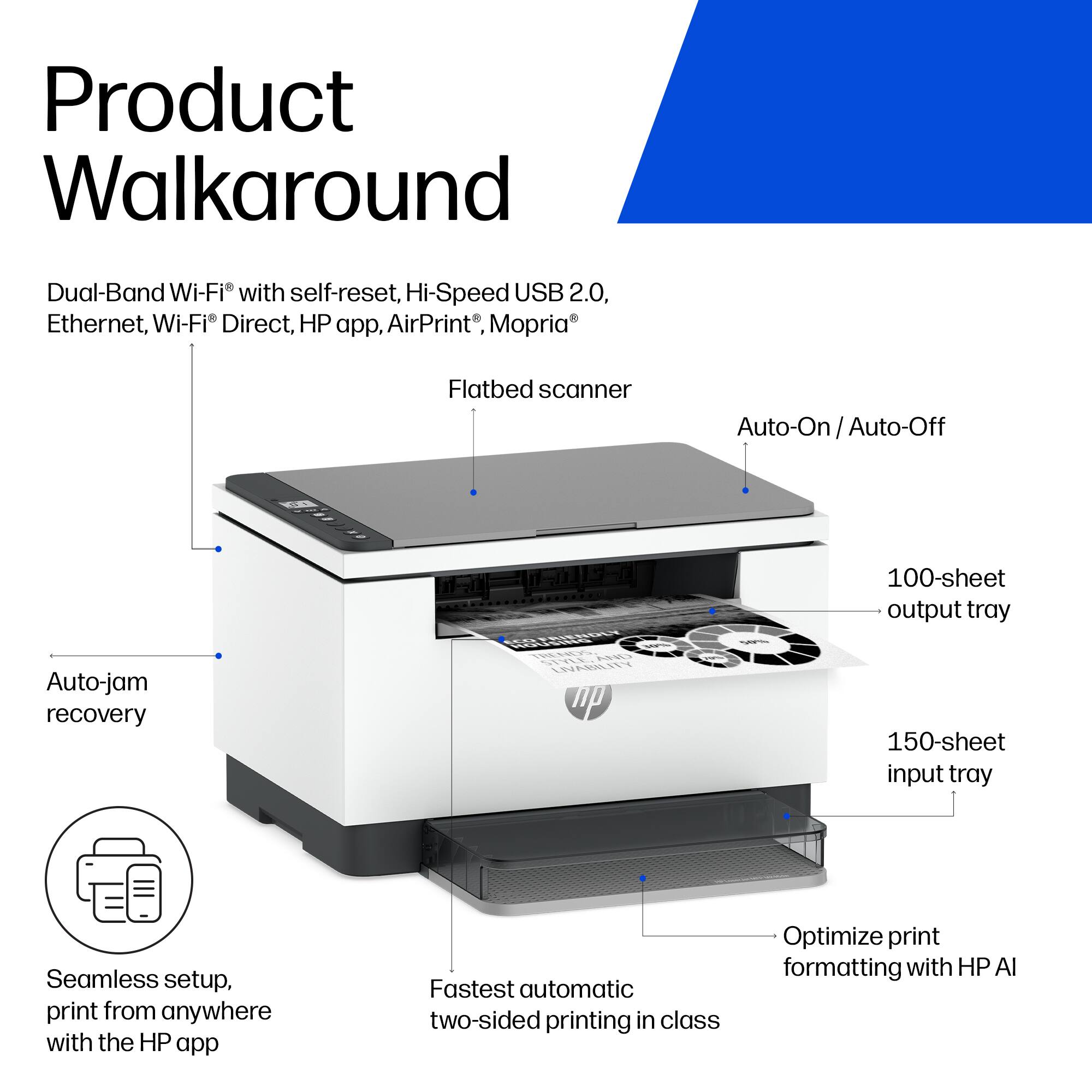 Product Walkaround

Dual-Band Wi-Fi® with self-reset, Hi-Speed USB 2.0, Ethernet, Wi-Fi® Direct, HP app, AirPrint®, Mopria

Flatbed scanner

Auto-On / Auto-Off

Auto-jam recovery

ECO FRIENDLY HOUSING 30% TRENDS, STYLE, AND LIVABILITY up 50%

100-sheet output tray

150-sheet input tray

Seamless setup, print from anywhere with the HP app

Fastest automatic two-sided printing in class

Optimize print formatting with HP AI