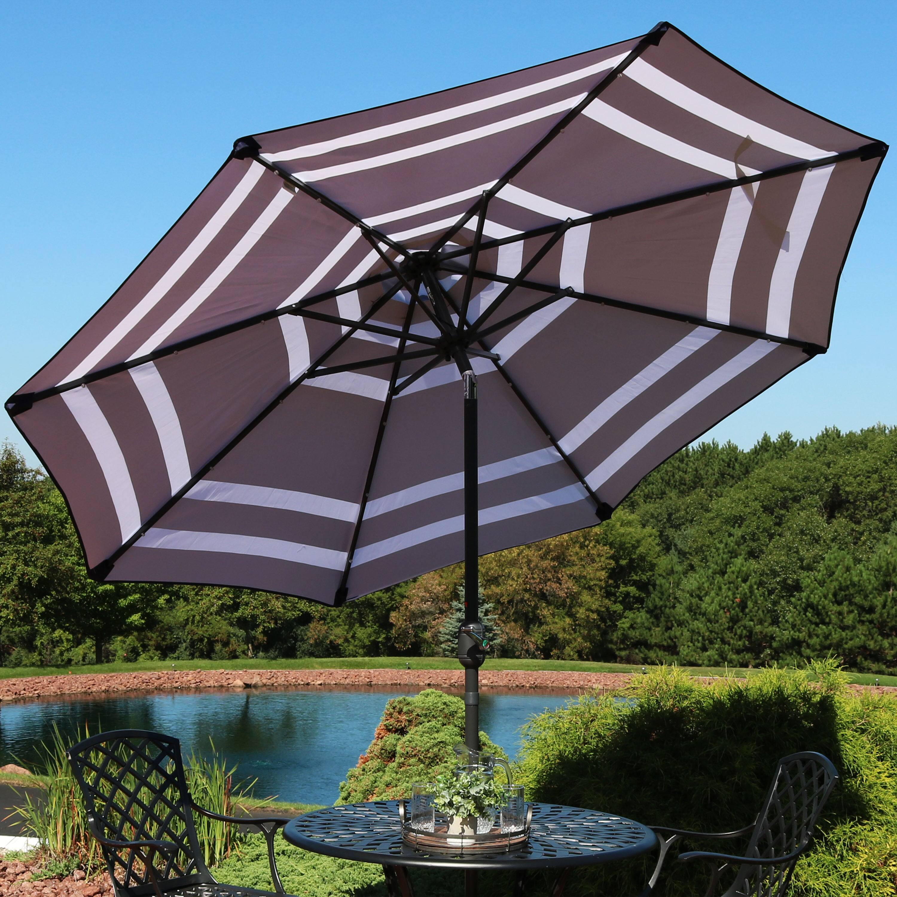 Alt View 7. Sunnydaze - 9 ft Solar Patio Umbrella with Lights, Tilt, and Crank - Navy Blue Stripe.
