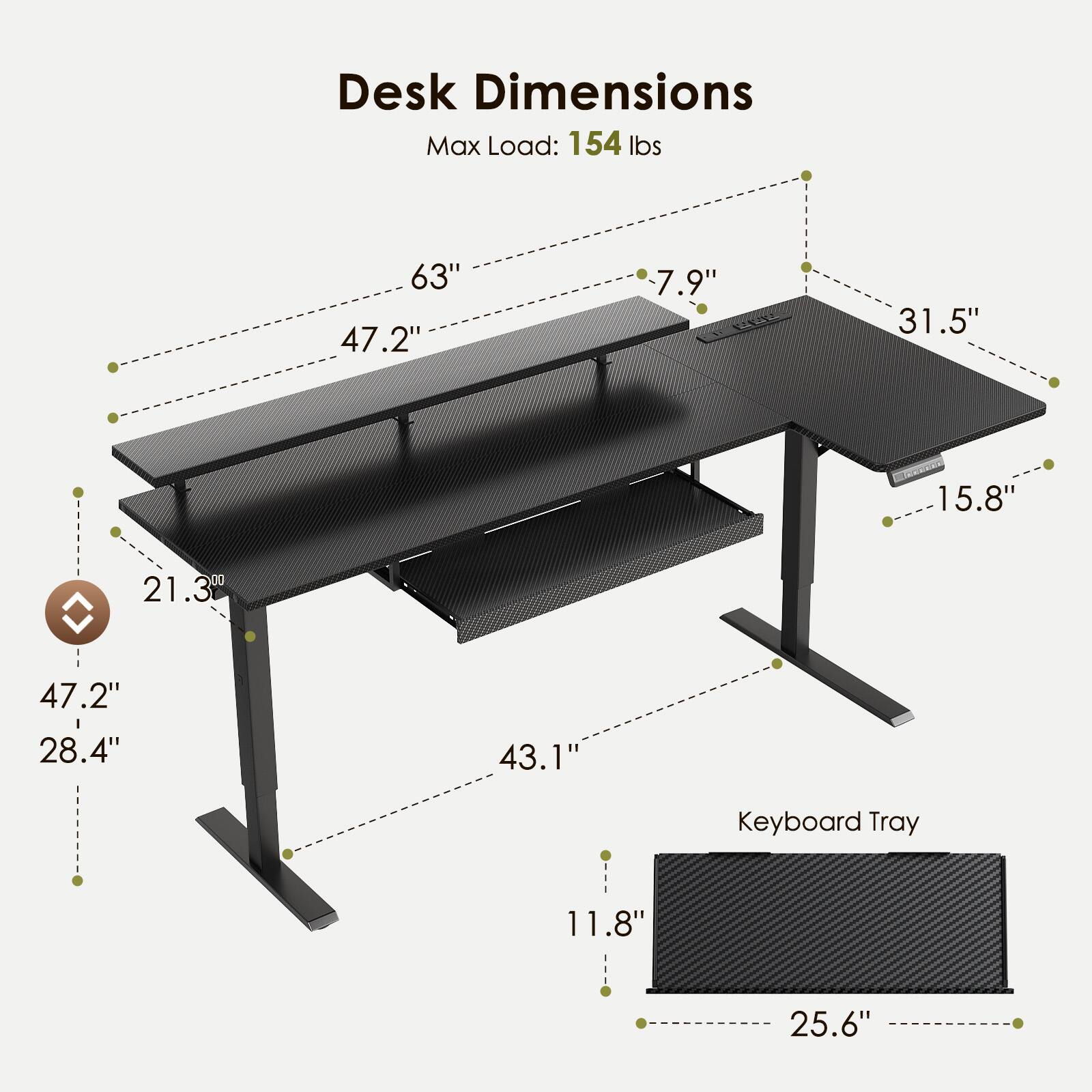 Desk Dimensions  
Max Load: 154 lbs  
63" x 47.2" x 7.9" x 31.5" x 15.8" x 21.3"  
47.2" x 28.4" x 43.1"  
Keyboard Tray: 11.8" x 25.6"