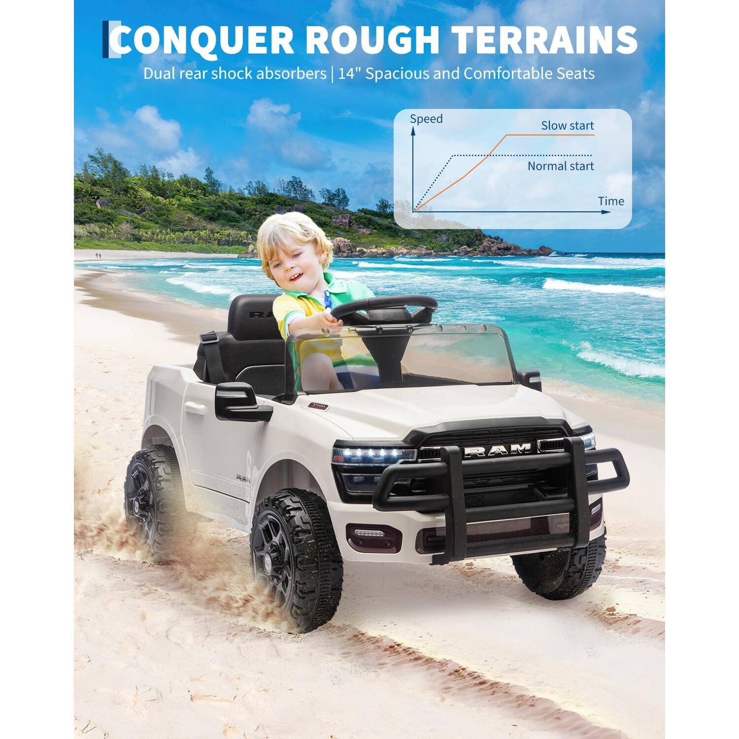 CONQUER ROUGH TERRAINS  
Dual rear shock absorbers | 14" Spacious and Comfortable Seats  

Speed  
Slow start  
Normal start  
Time