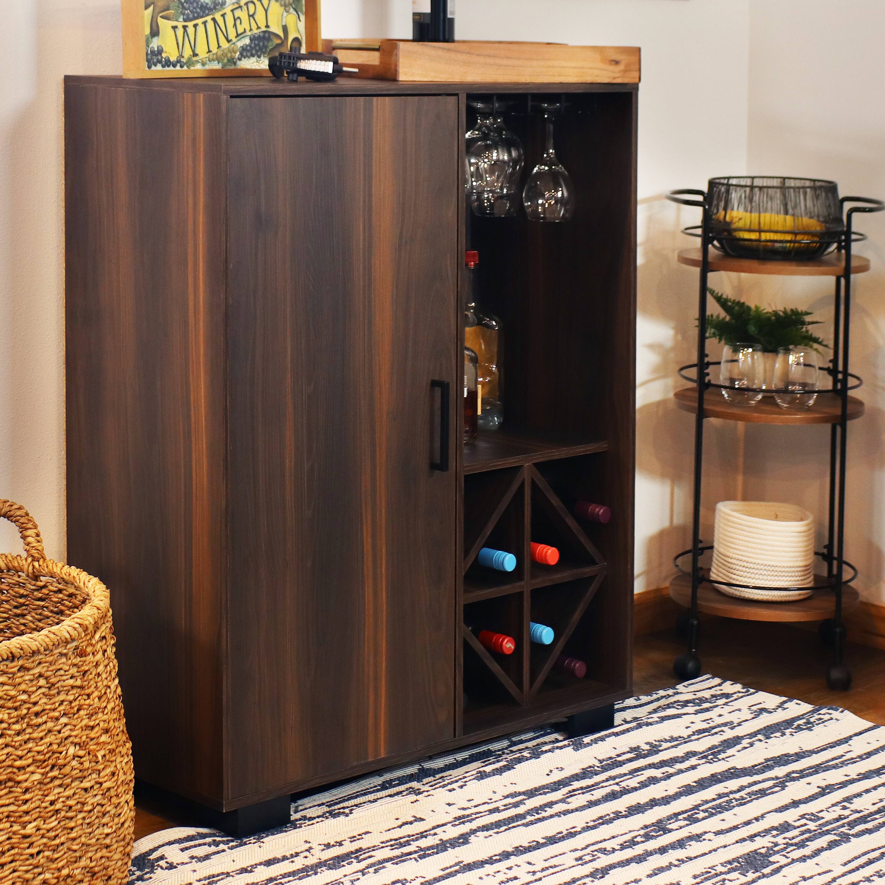Alt View 3. Sunnydaze - Lavina Wine Cabinet with Glass and Bottle Storage Shelves - Brown.