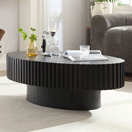 Front. Trinkets Crazed - Handcrafted Walnut Oval Coffee Table, Mid Century Modern Irregular Large 44 Inch Wood Drum Design - Black.