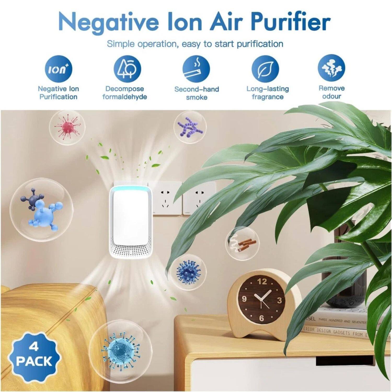 Negative Ion Air Purifier  
Simple operation, easy to start purification  

- Negative Ion Purification  
- Decompose formaldehyde  
- Second-hand smoke  
- Long-lasting fragrance  
- Remove odour  

4 PACK