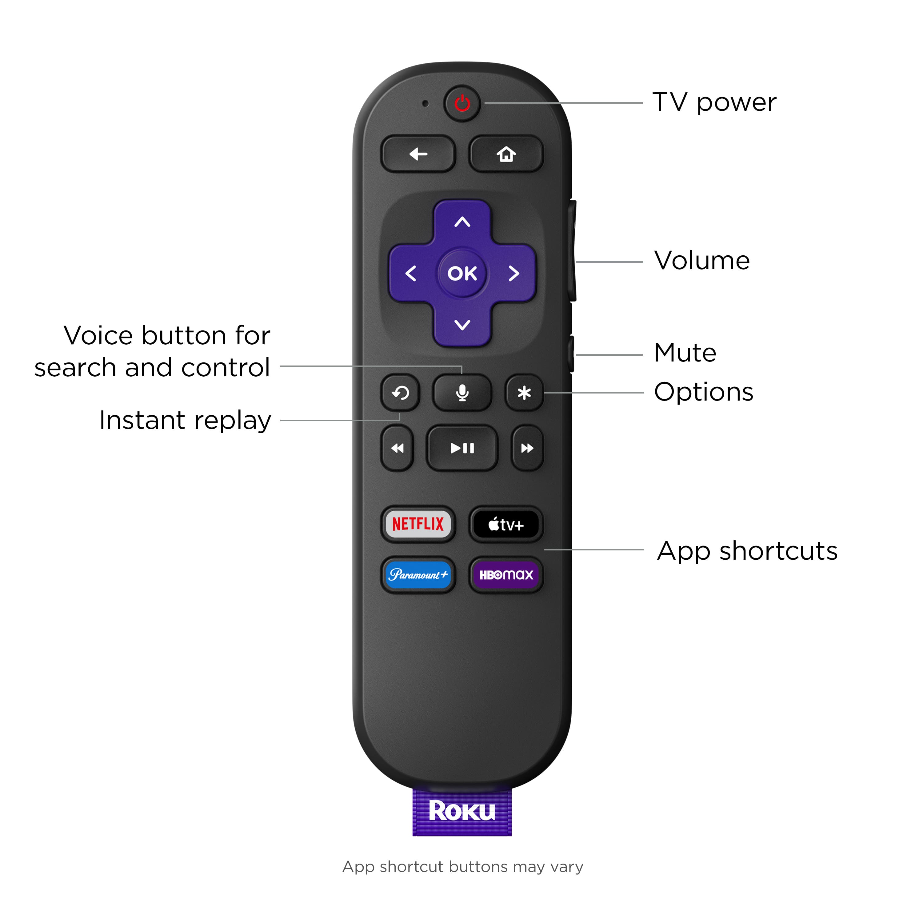 The image shows a close-up of a remote control with various buttons labeled. The buttons include a TV power button, an OK button, a volume button, a voice button for search and control, an instant replay button, a mute button, and options for different channels such as NETFLIX, Paramount, and tv+. The remote also has app shortcut buttons for the Roku app, which may vary.
