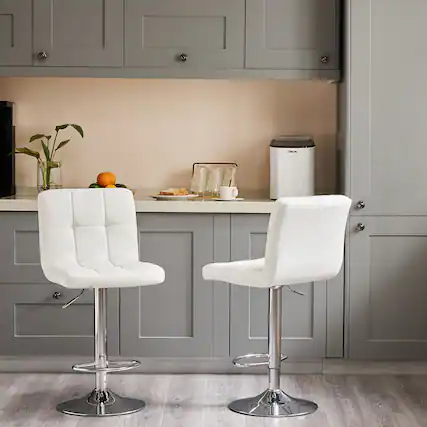 Front. PexFix - Counter Height Bar Stools, Set of 2, Square Upholstered Seat, Adjustable Swivel with Back and Footrest - White.