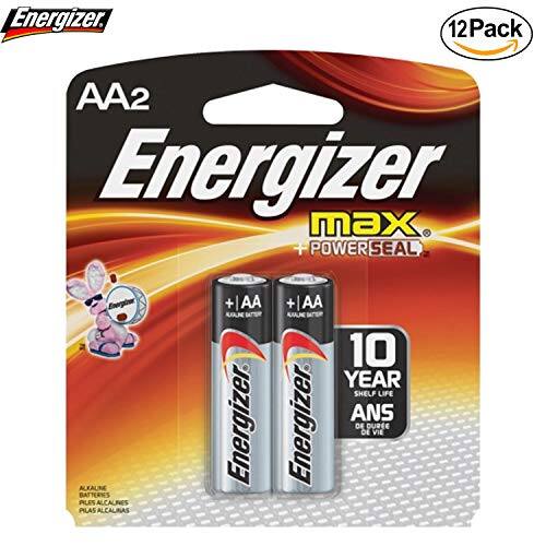 Energizer. 12Pack AA2 Energizer max + POWERSEAL ALKALINE BATTERIES PILES ALCALINES + AA AUAN Energizer. + AA AJAUN 10 YEAR SHELF LIFE ANS Energizer. DE DURE VIE
