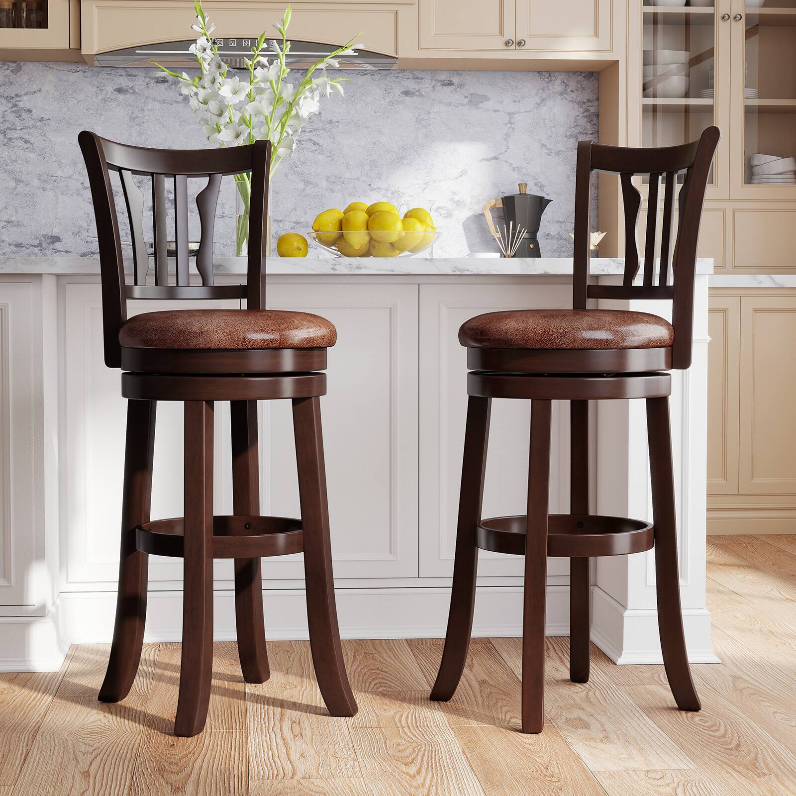 Alt View 1. Gymax - Gymax 30'' Bar Height Swivel Bar Stools Set of 4 w/Back & Faux Leather Seat - Brown.