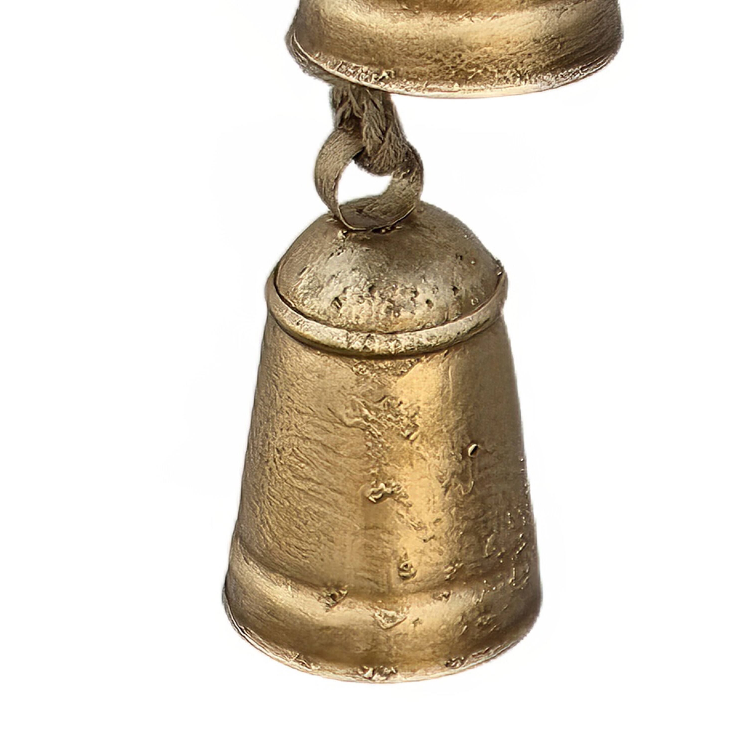 Alt View 2. Manhattan Lane - Zema Rustic Iron Hanging Bells Wall Decor, Cylindrical Cowbell on 28 Inch Jute Rope - Gold.