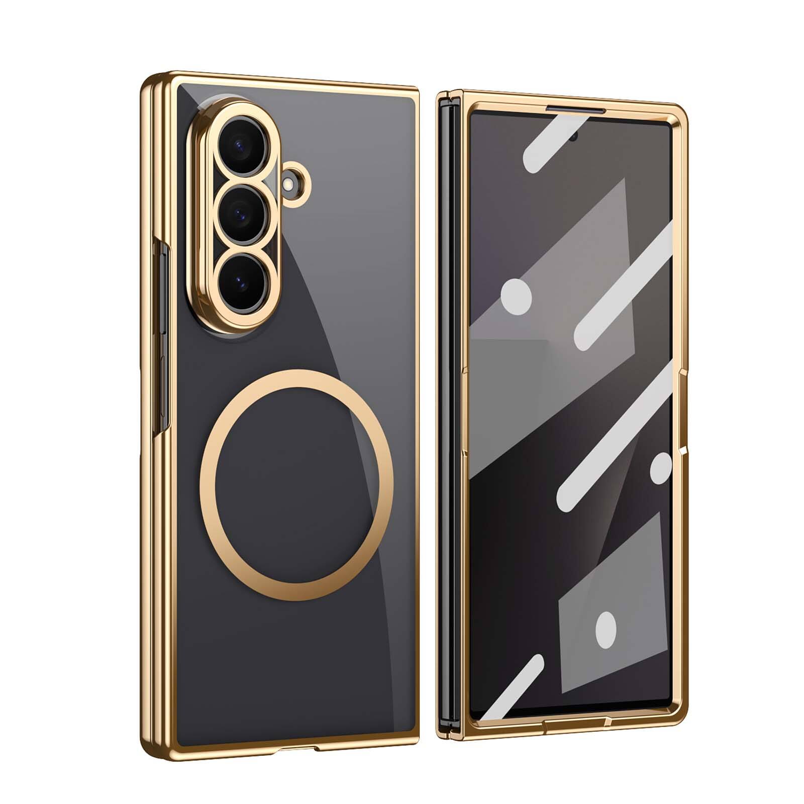 Alt View 3. Dteck - for Samsung Galaxy Z Fold7 Clear Magnetic Case Built-in Screen Protector,Glossy Hard PC Back Cover Shock-absorbent Shell - Gold.