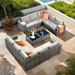 Ovios - 12 PCS Outdoor Patio Furniture Rattan Sectional Sofa with Coffee Table for Backyard - Beige