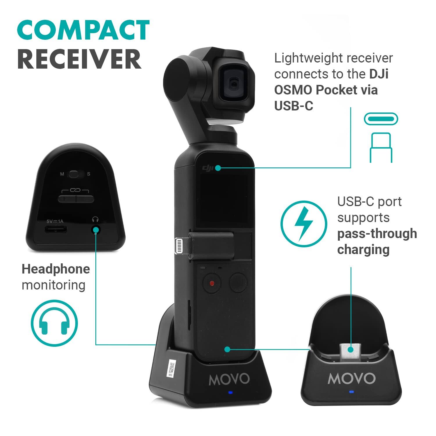 COMPACT RECEIVER

- Lightweight receiver connects to the DJI OSMO Pocket via USB-C
- USB-C port supports pass-through charging
- Headphone monitoring
- 5V=1A