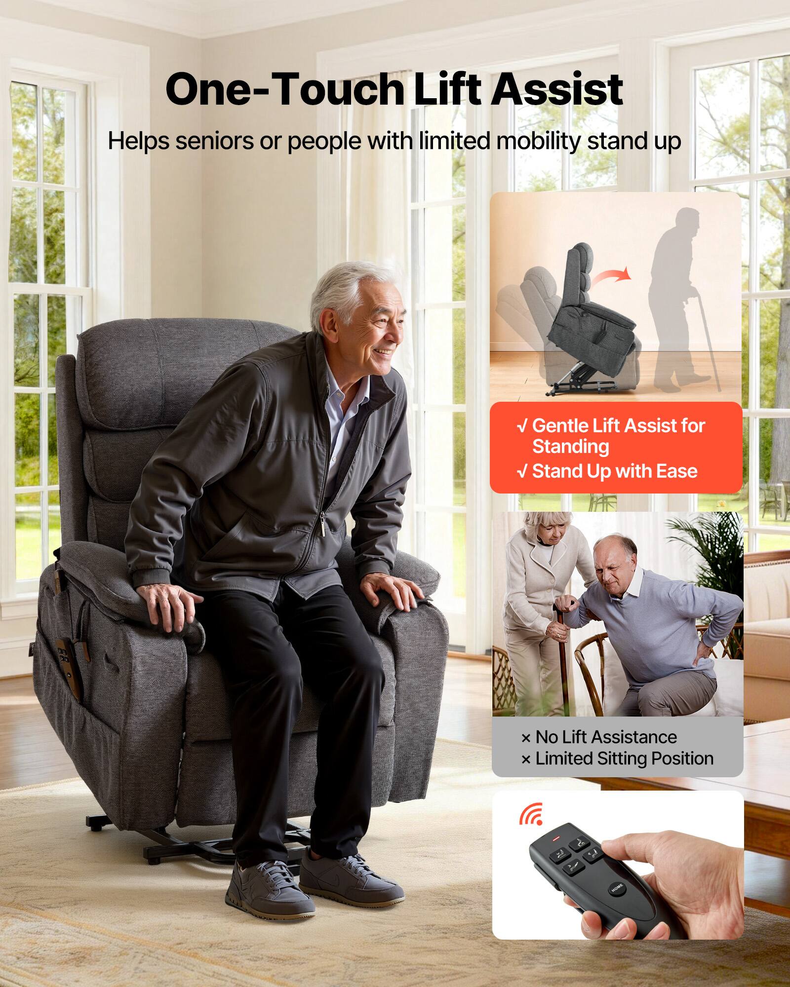 One-Touch Lift Assist  
Helps seniors or people with limited mobility stand up  

- Gentle Lift Assist for Standing  
- Stand Up with Ease  

x No Lift Assistance  
x Limited Sitting Position