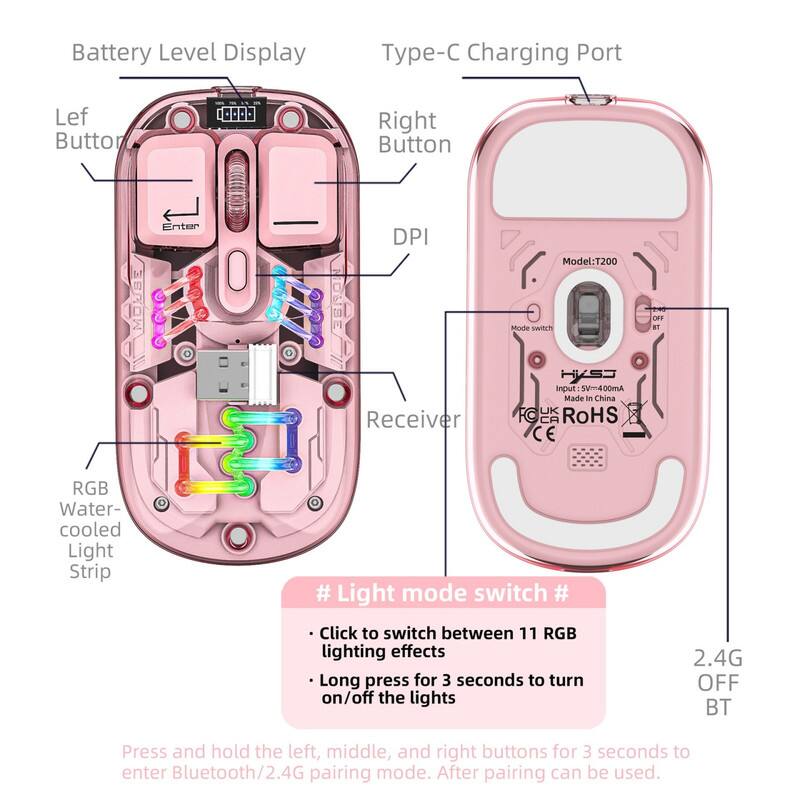 Battery Level Display  
Type-C Charging Port  
Left Button  
Right Button  
DPI  
Receiver  
Model: T200  
Mode switch  
Input: 5V/400mA  
Made in China  
FOL  
RoHS  
CE  
OFF  
D1  
RGB  
Water-cooled Light Strip  
Light mode switch  
Click to switch between 11 RGB lighting effects  
Long press for 3 seconds to turn on/off the lights  
2.4G OFF BT  
Press and hold the left, middle, and right buttons for 3 seconds to enter Bluetooth/2.4G pairing mode. After pairing can be used.