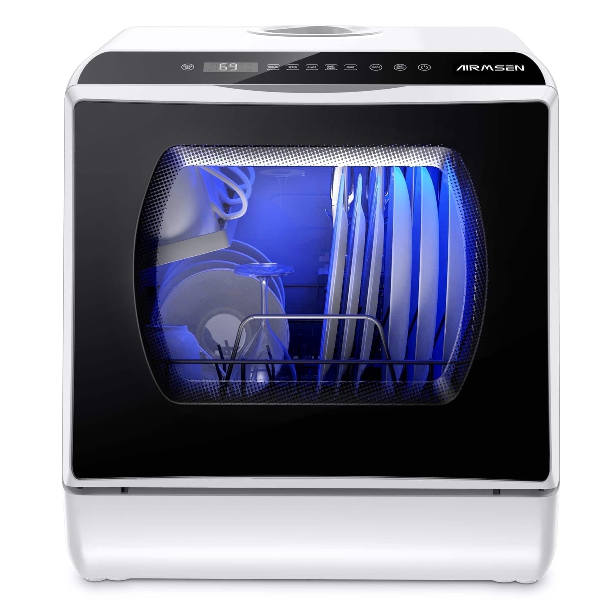 AIRMSEN - Portable Countertop Dishwasher with 5L Water Tank - 5 Washing Programs Tabletop Dishwasher - Black
