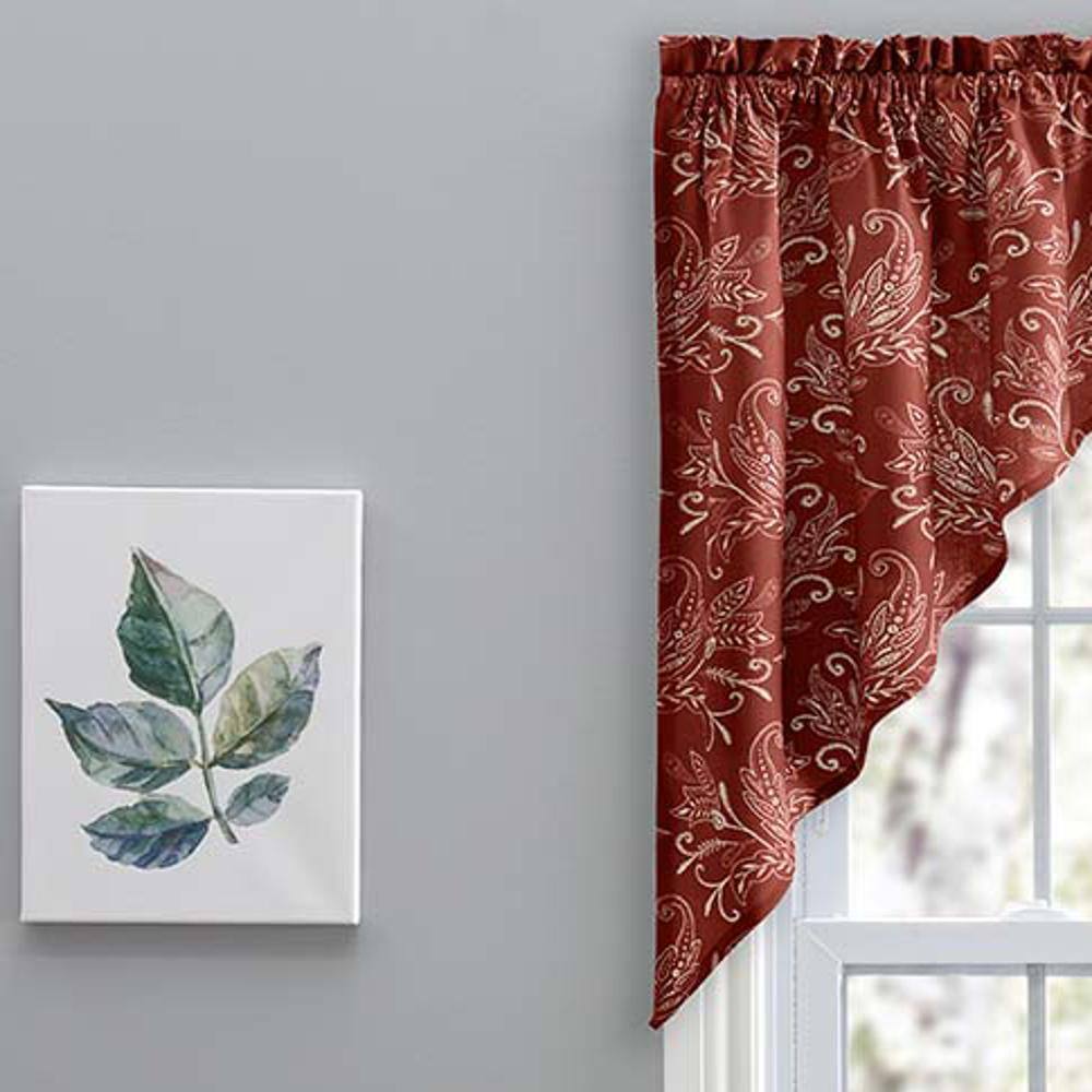 Left. Ellis Curtain - Ellis Curtain Lexington Leaf Pattern on Colored Ground Tailored Swags 56"x36" Brick - Brick.