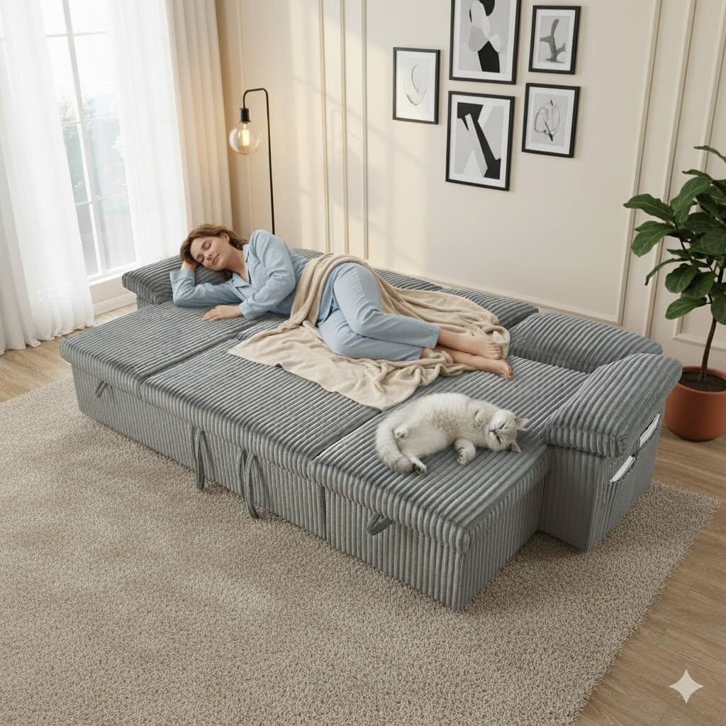 Alt View 5. Tiramisubest - TiramisuBest Modular Sectional Sofa, 113" Sectional Couch with Pull Out Couch Bed for Living Room Bedroom (Light Grey) - Light Grey.