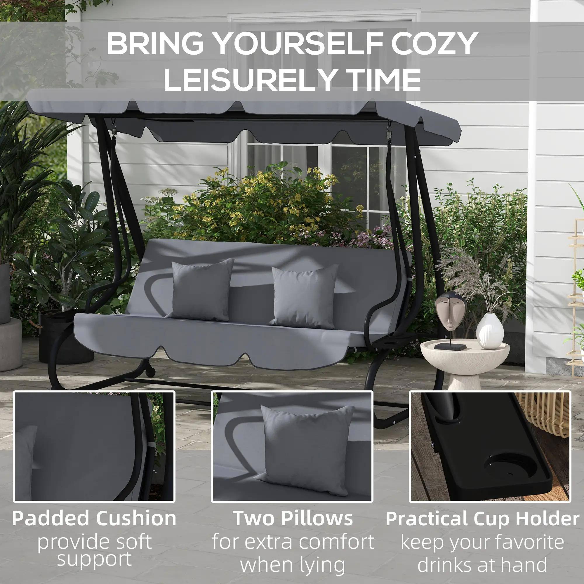Bring yourself cozy leisurely time. Padded cushion provides soft support. Two pillows for extra comfort when lying. Practical cup holder keeps your favorite drinks at hand.