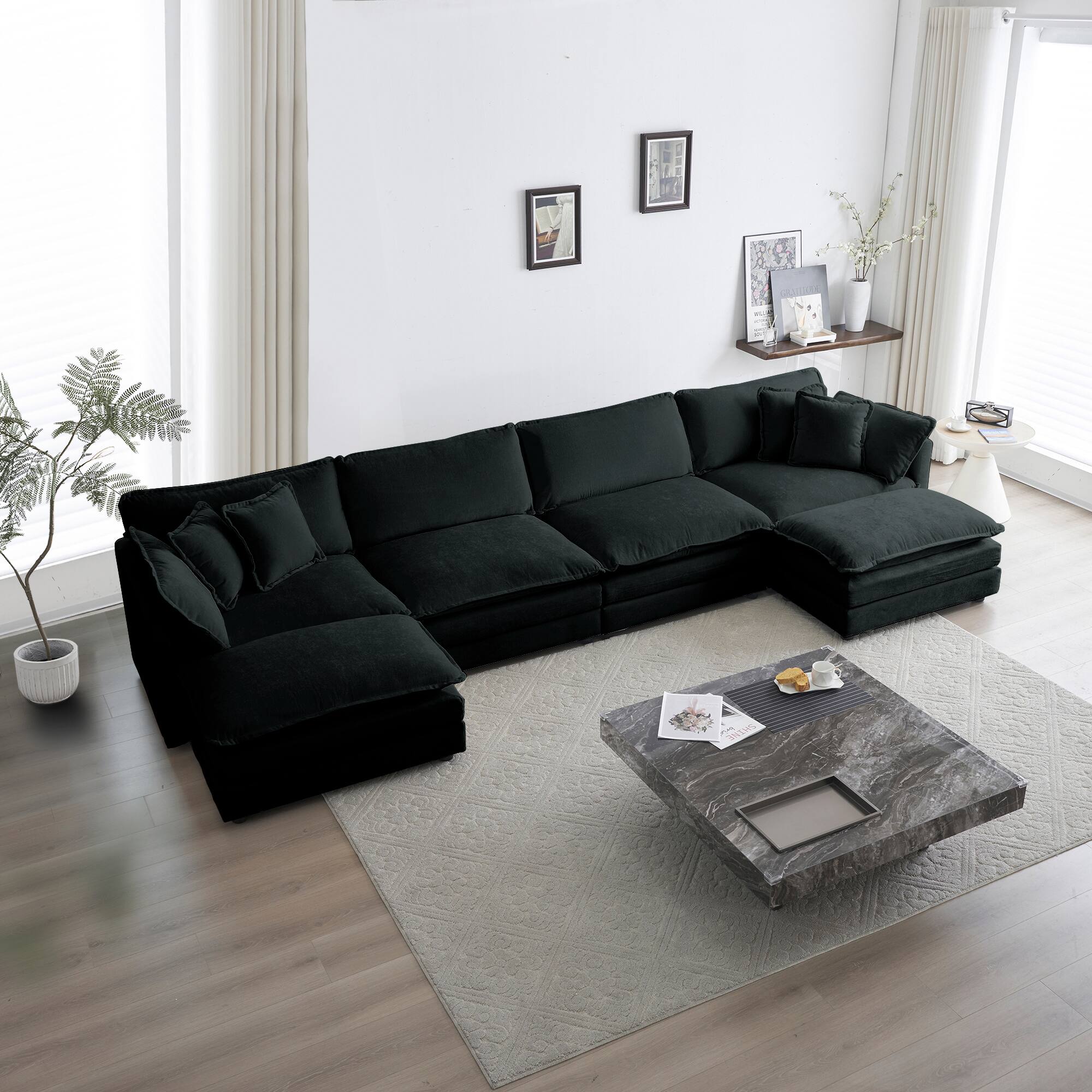 Front. TinyHomie - Black Chenille Comfort U shaped Sectional Sofa with Reversible Chaise 2 Extra Ottomans - Black.