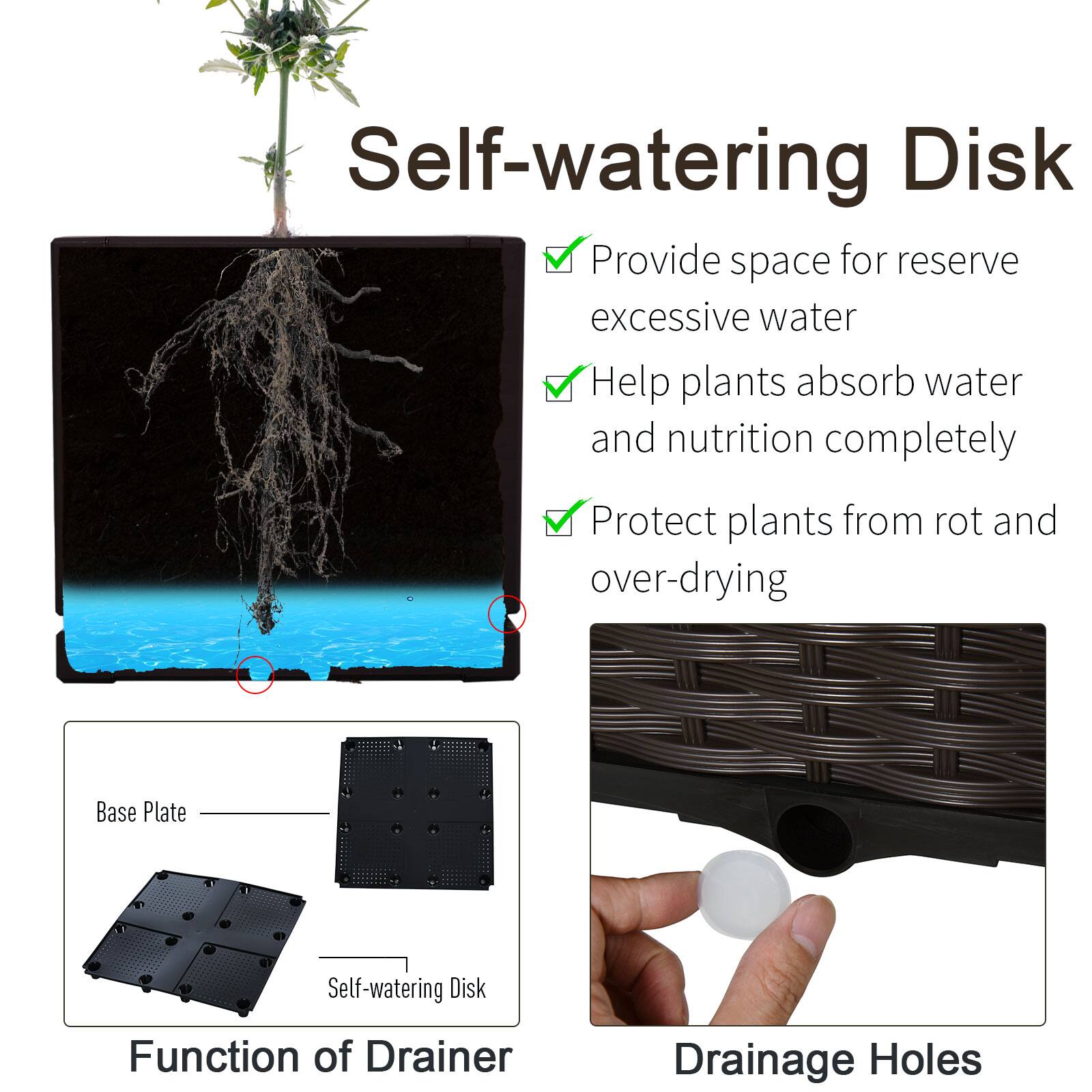 Self-watering Disk, Provide space for reserve excessive water, Help plants absorb water and nutrition completely, Protect plants from rot and over-drying, Base Plate, Self-watering Disk, Function of Drainer, Drainage Holes