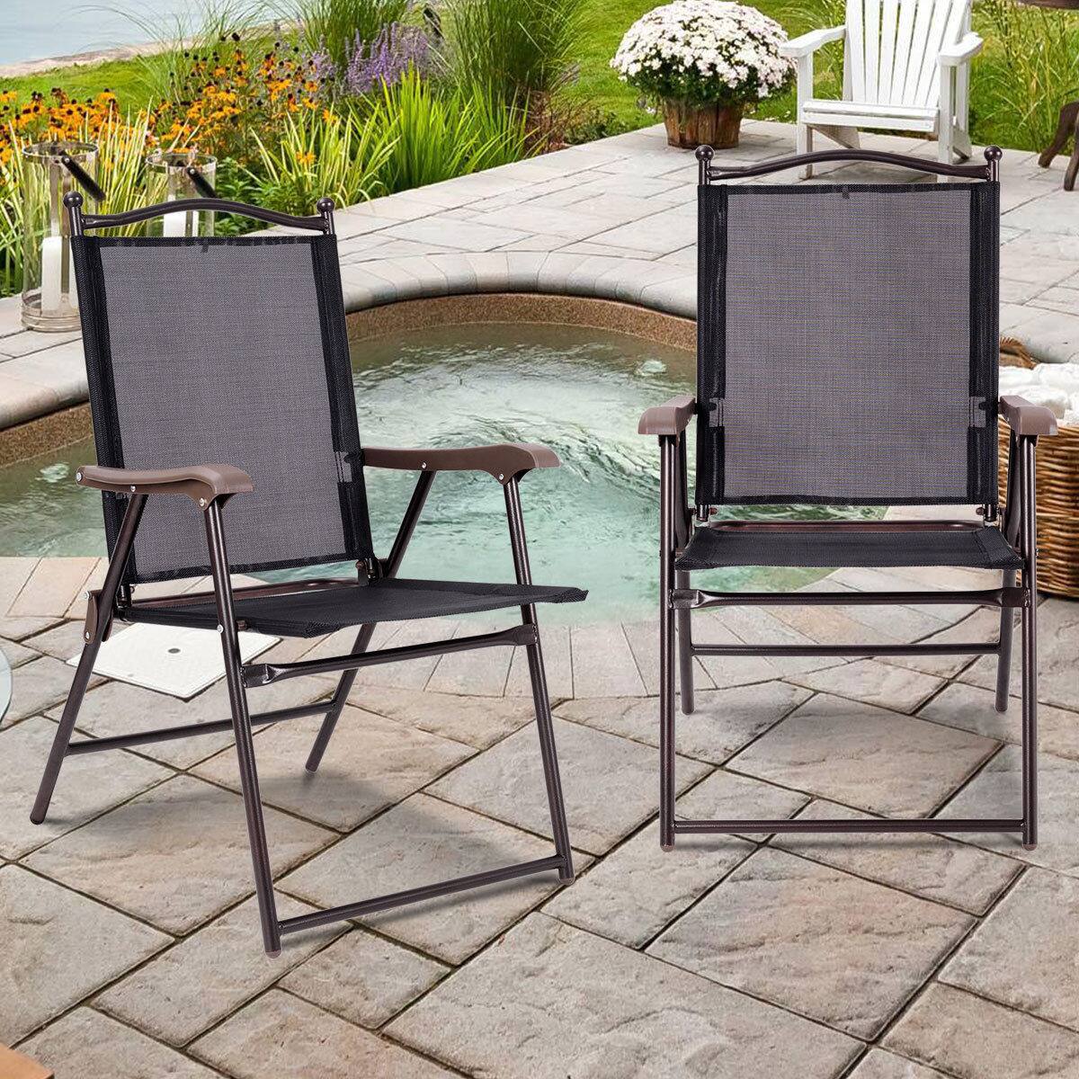 Front. Gymax - Gymax Set of 2 Folding Patio Furniture Sling Back Chairs Outdoors Black - Black.