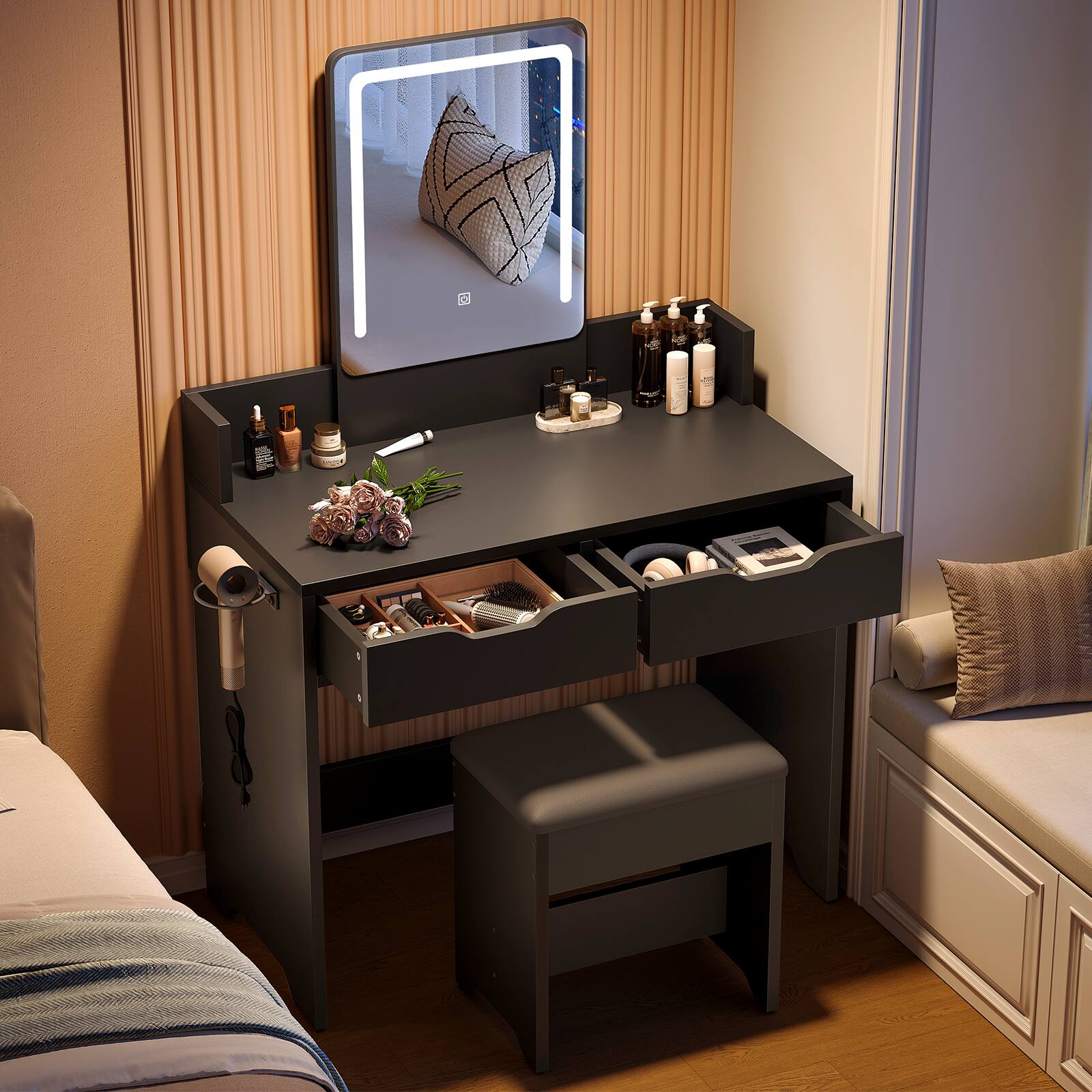 Left. Bestier - Vanity Desk Set with 3-Mode Lighted Mirror, 2 Storage Drawers, Hair Dryer Holder & Edge Safety Guard - Black.